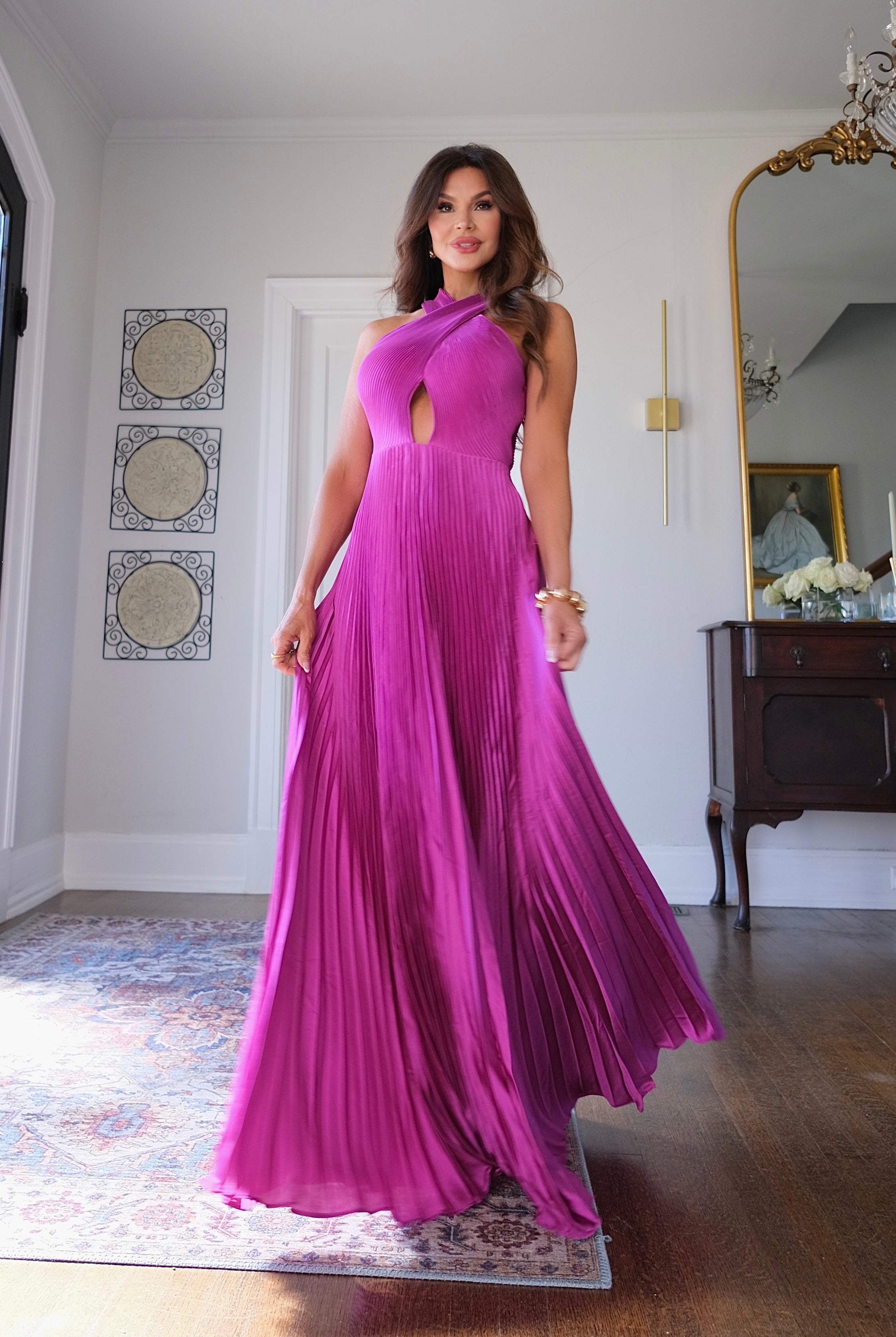 Polly magenta pleated cross over Maxi dress