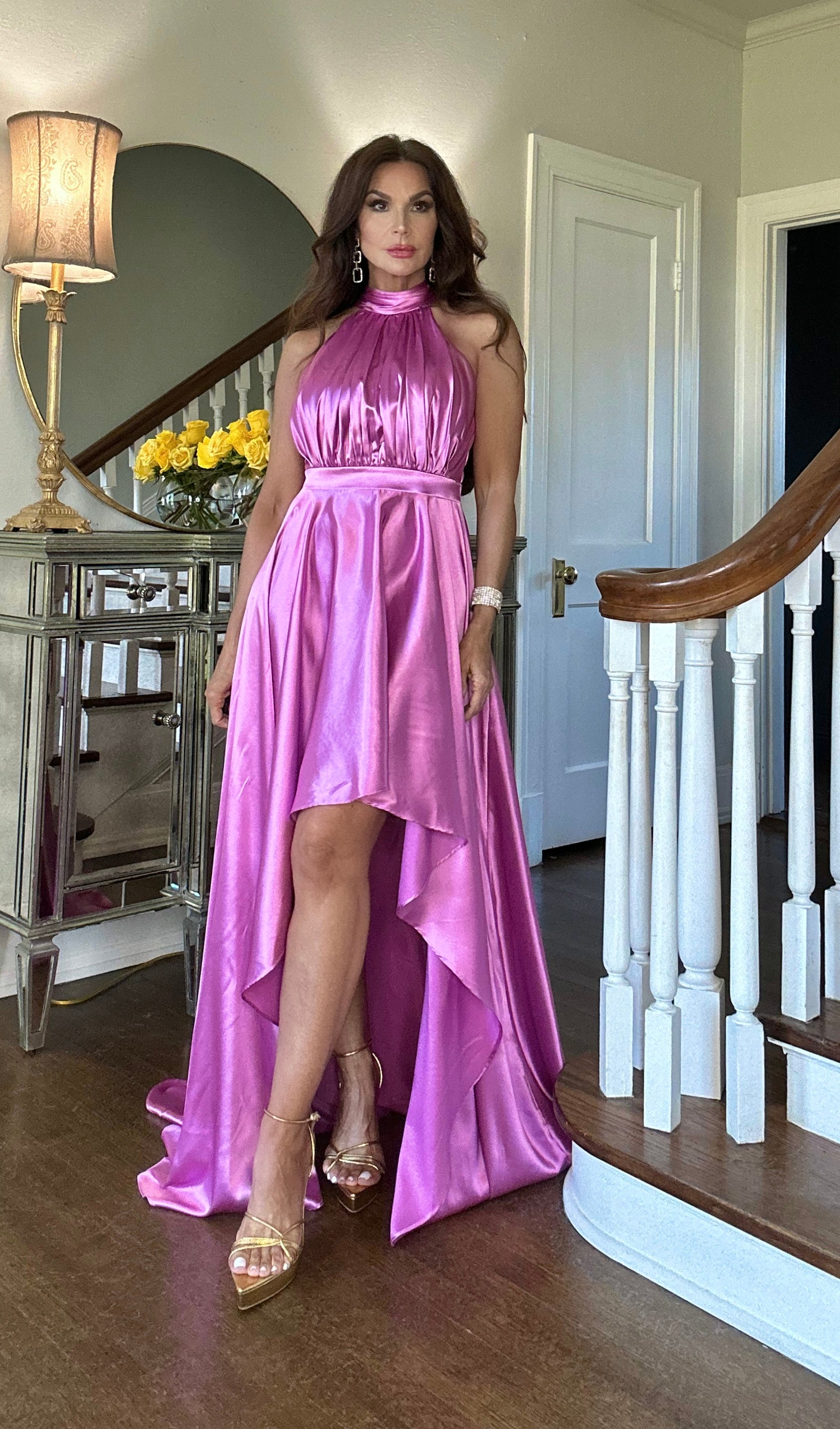Lara orchid high low satin halter dress