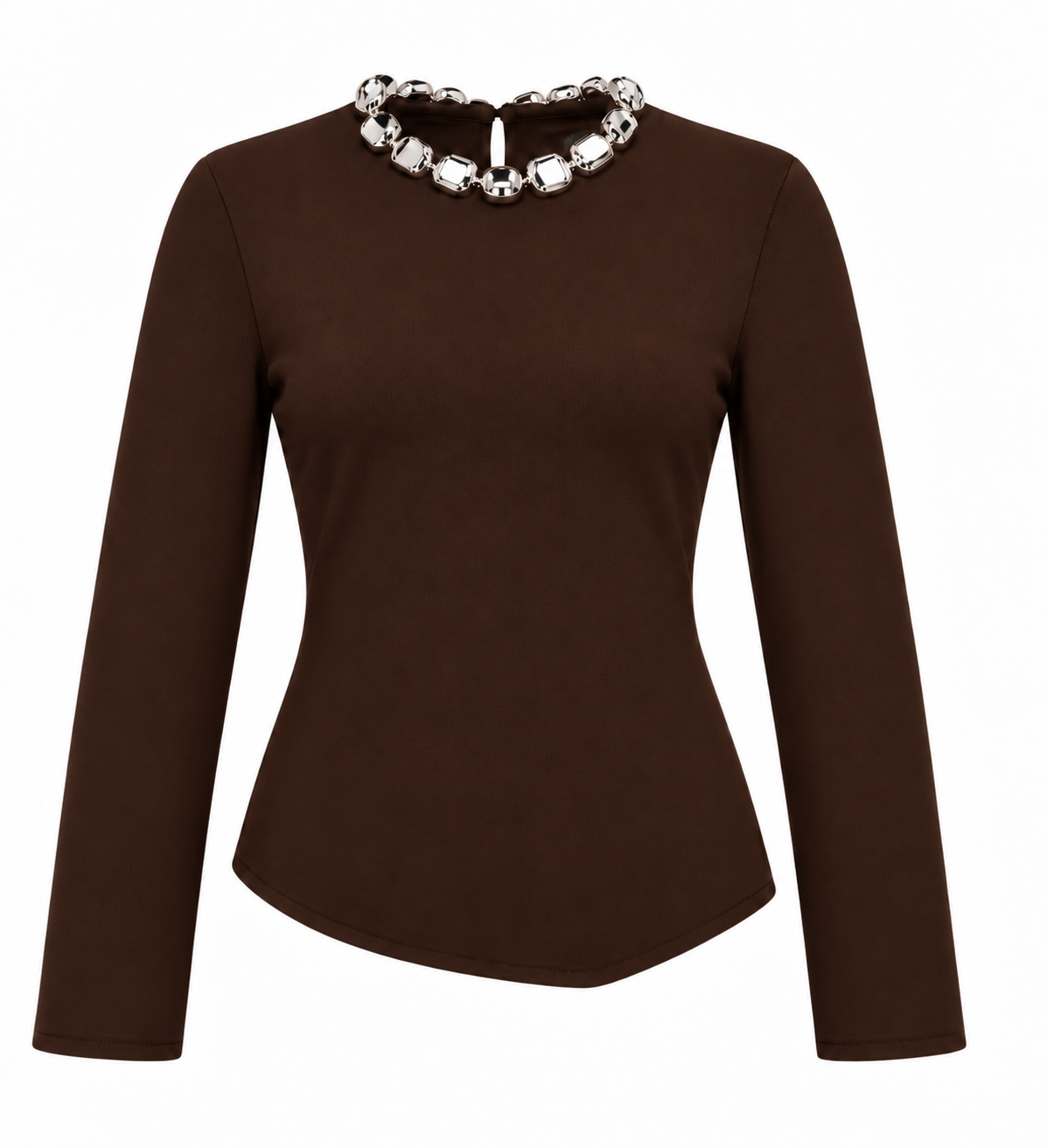 Ellie Brown Embellished Neckline Asymmetric Hem Top