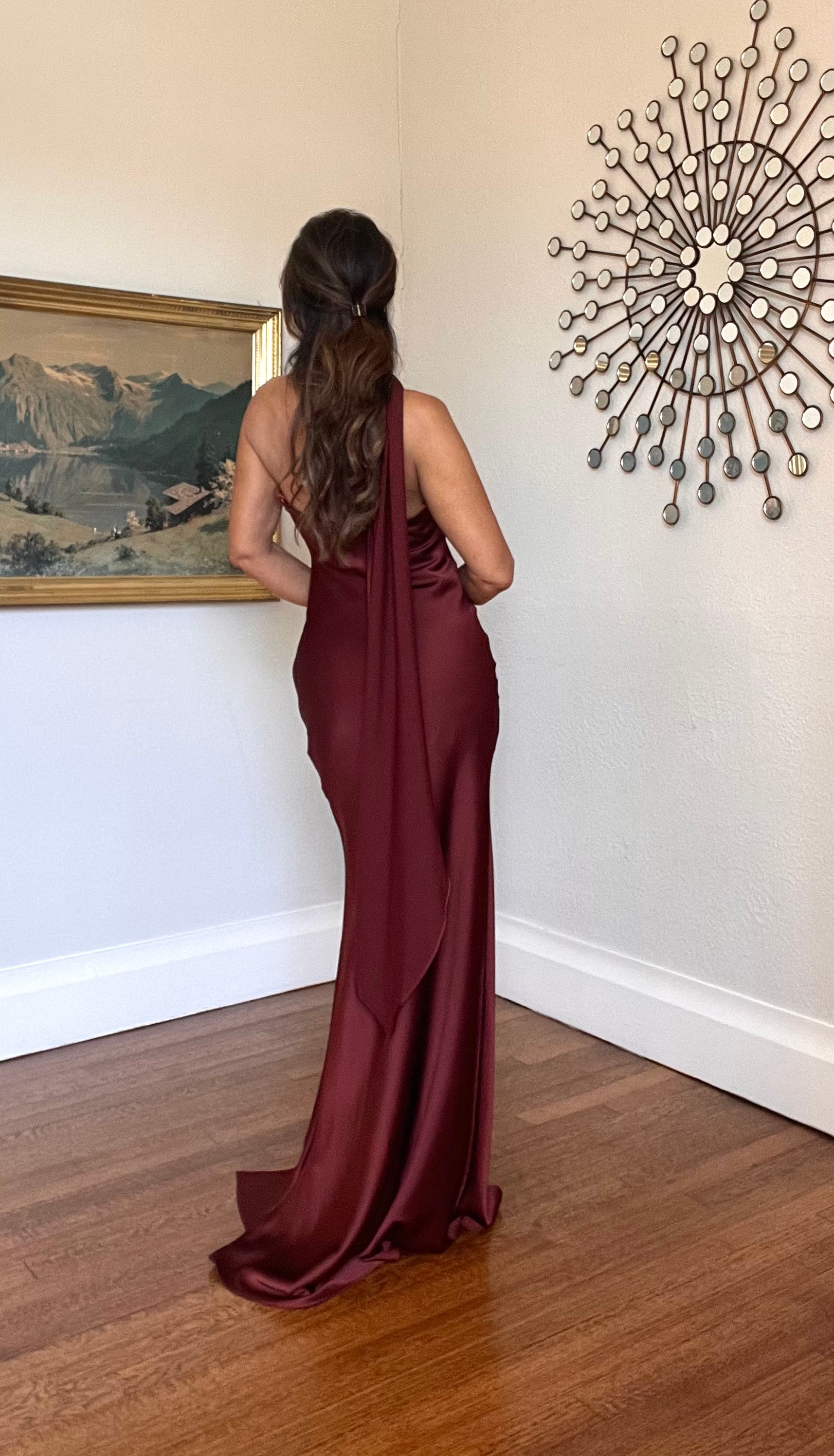Christie Chicago Brick Satin One Shoulder Sash Midi Dress