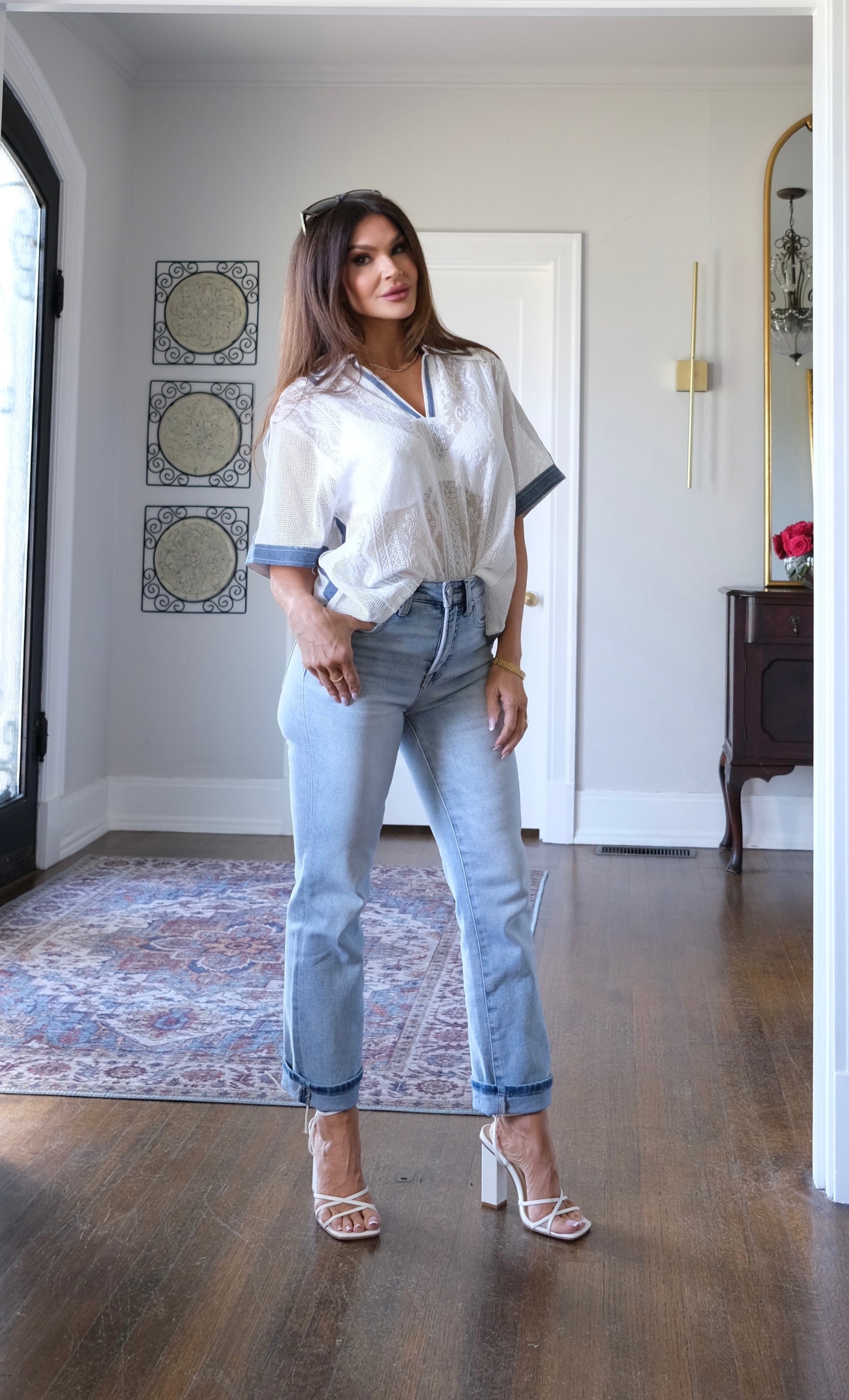 Fanny sleeve lace and denim v neck shirt