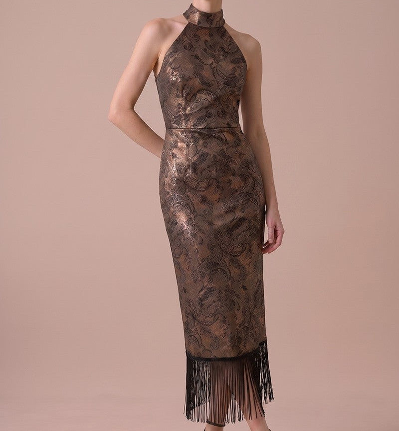 Shay Black & Gold Paisley Halter Fringe Midi Dress