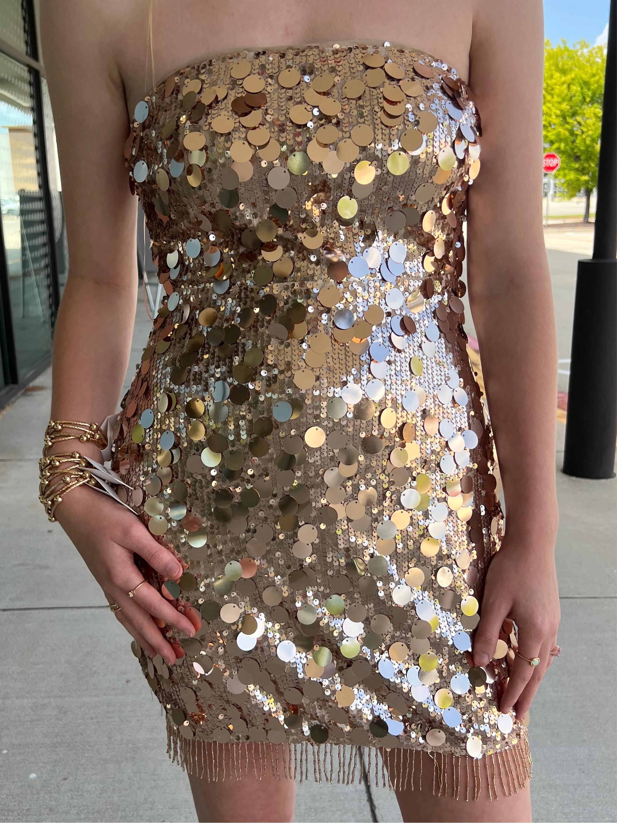Lettie coffee gold disc sequin and fringe mini dress