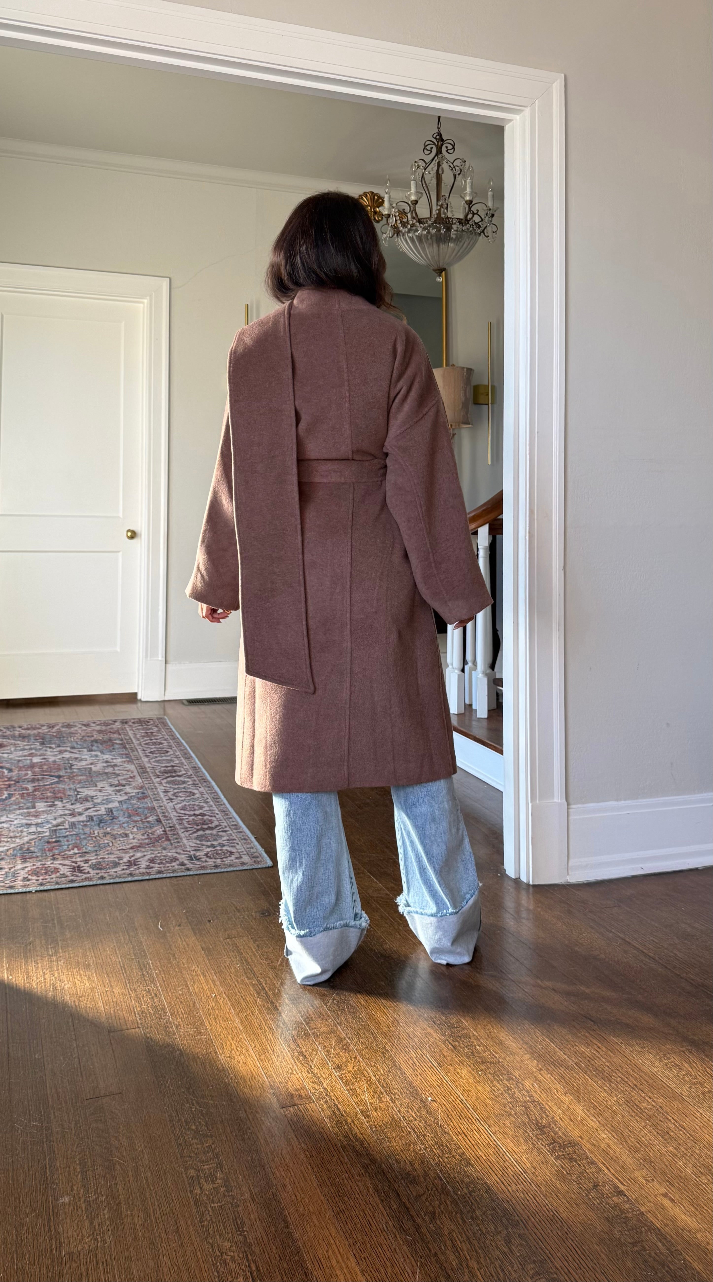 Lexi Drape Brown Front Drape Wool Trench Coat With Tie Belt