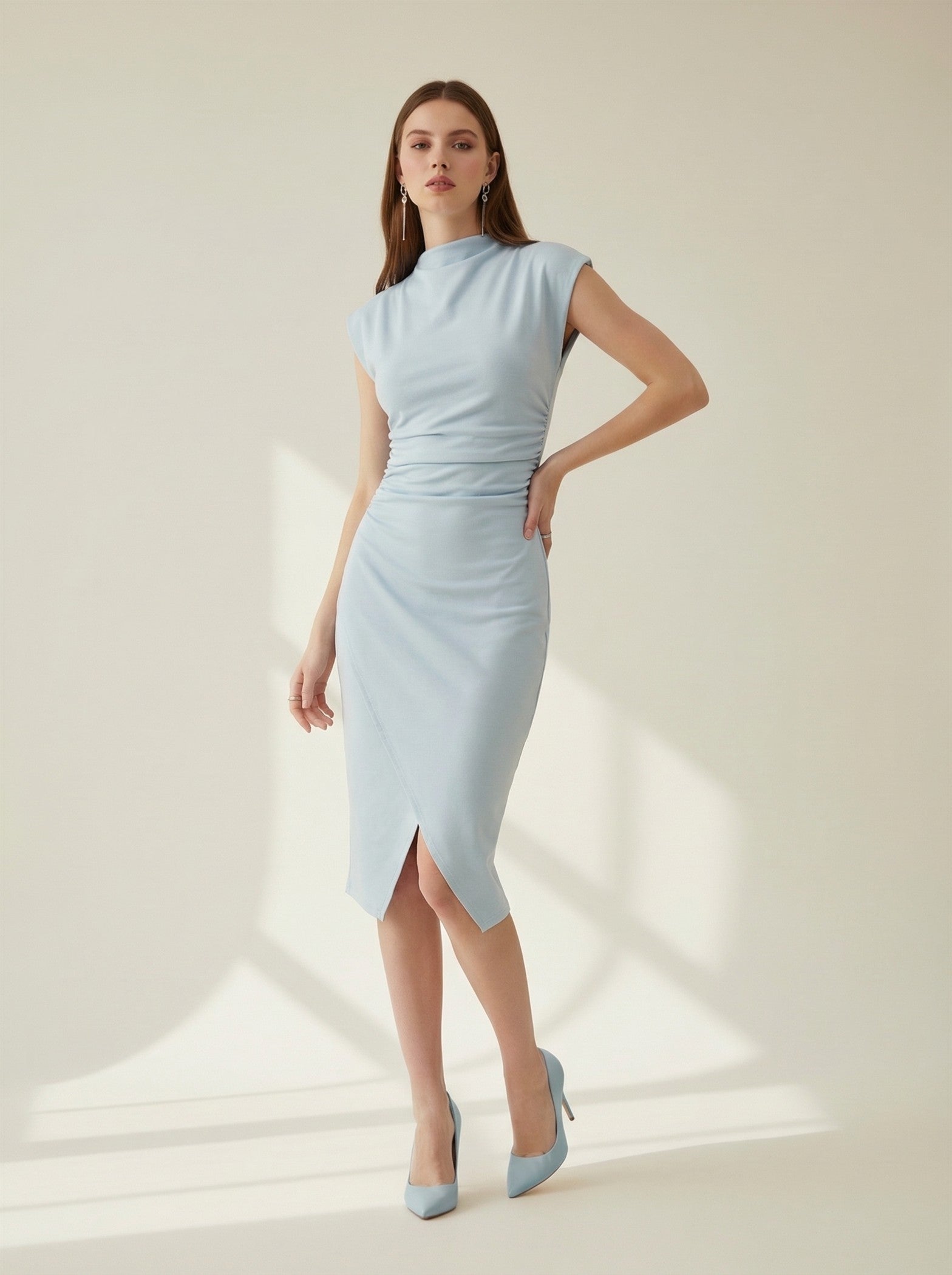 Wynn Light Blue Round Neck Cap Sleeve Side Ruched Midi Dress