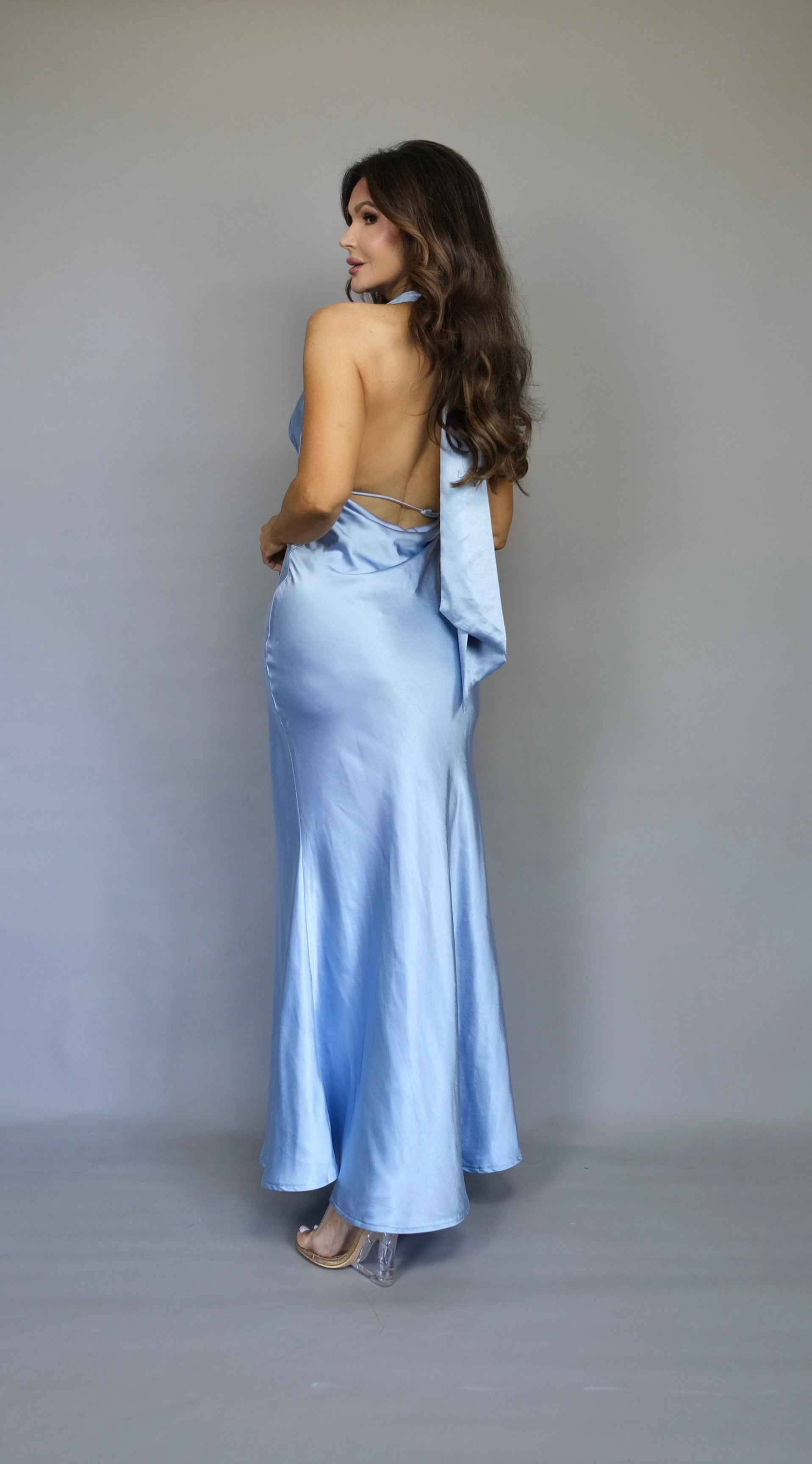 Lou blue satin haltermaxi dress