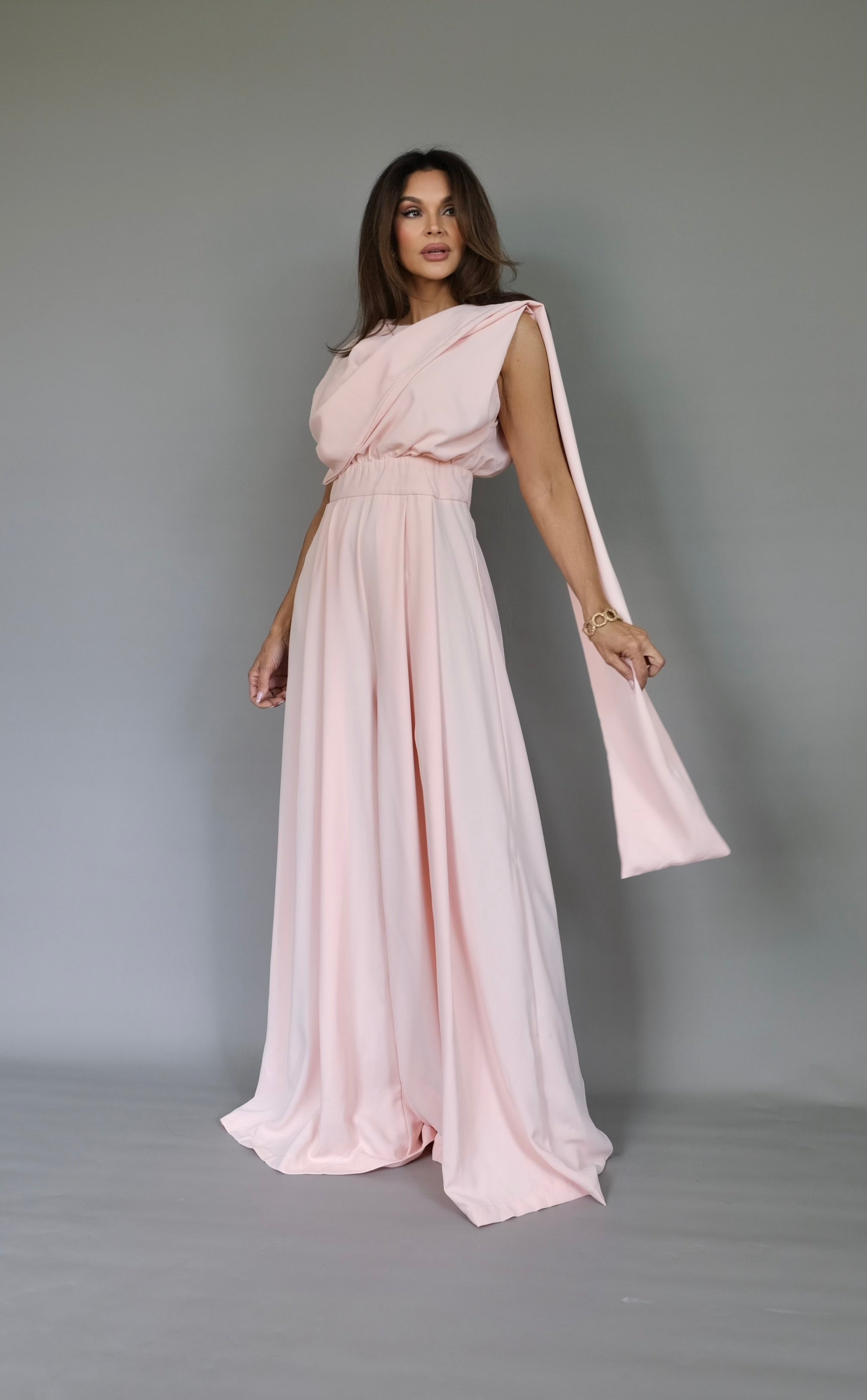 Jersey light peach wide leg jumpsuit with scarf detail