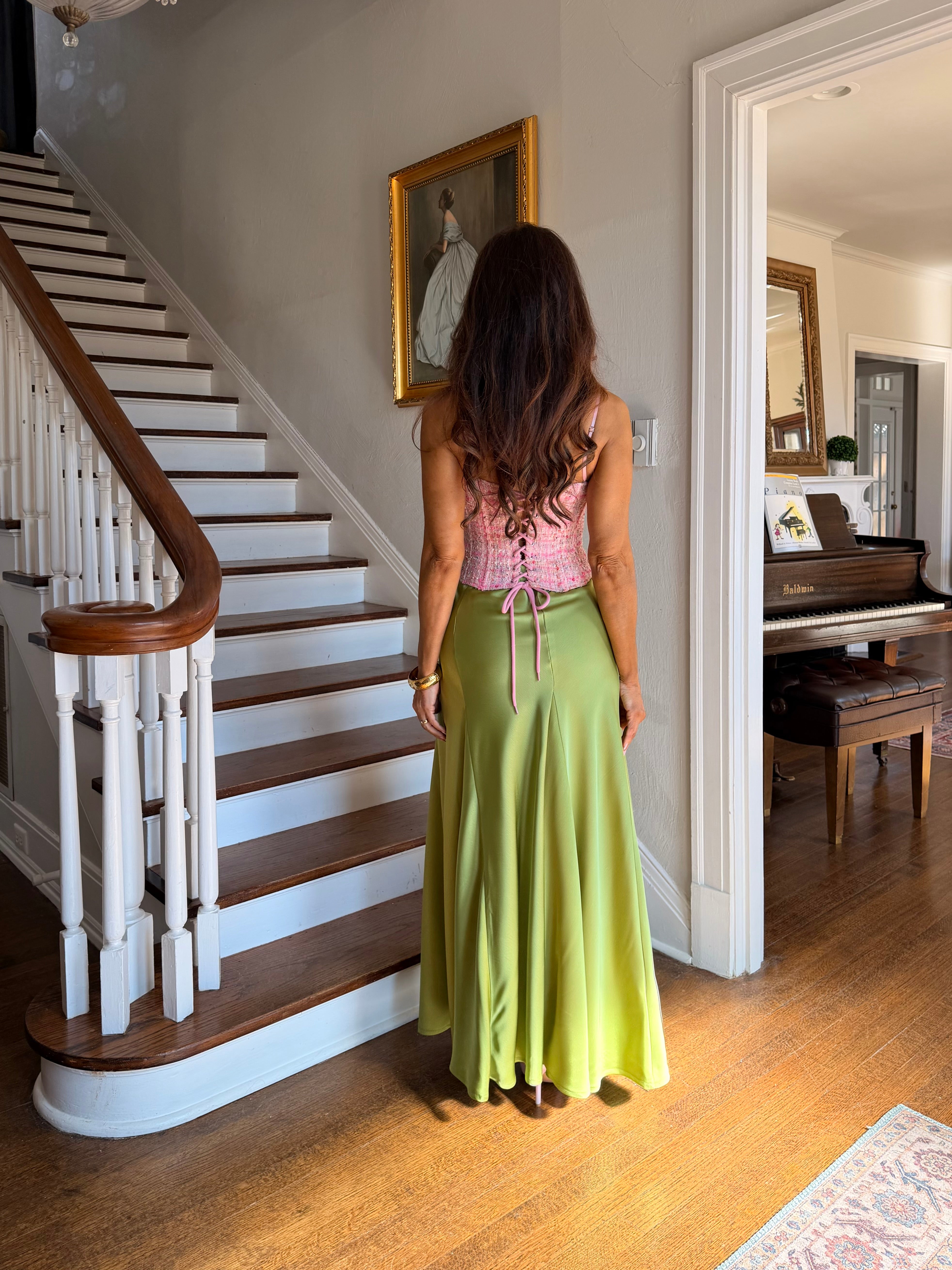 Quinn Light Olive Flared Mermaid Satin Midi Skirt