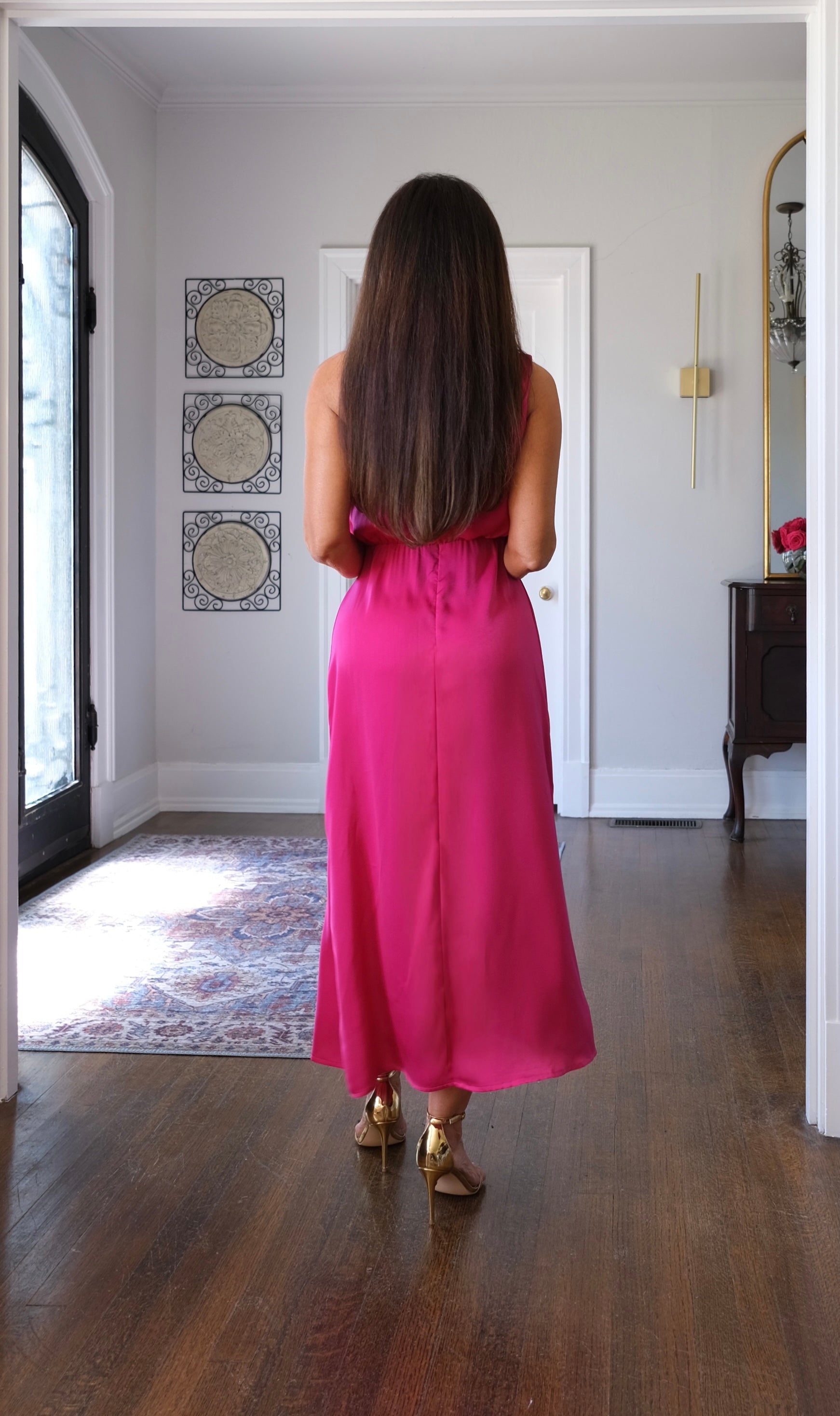 Bridgette rose satin halter neck midi
