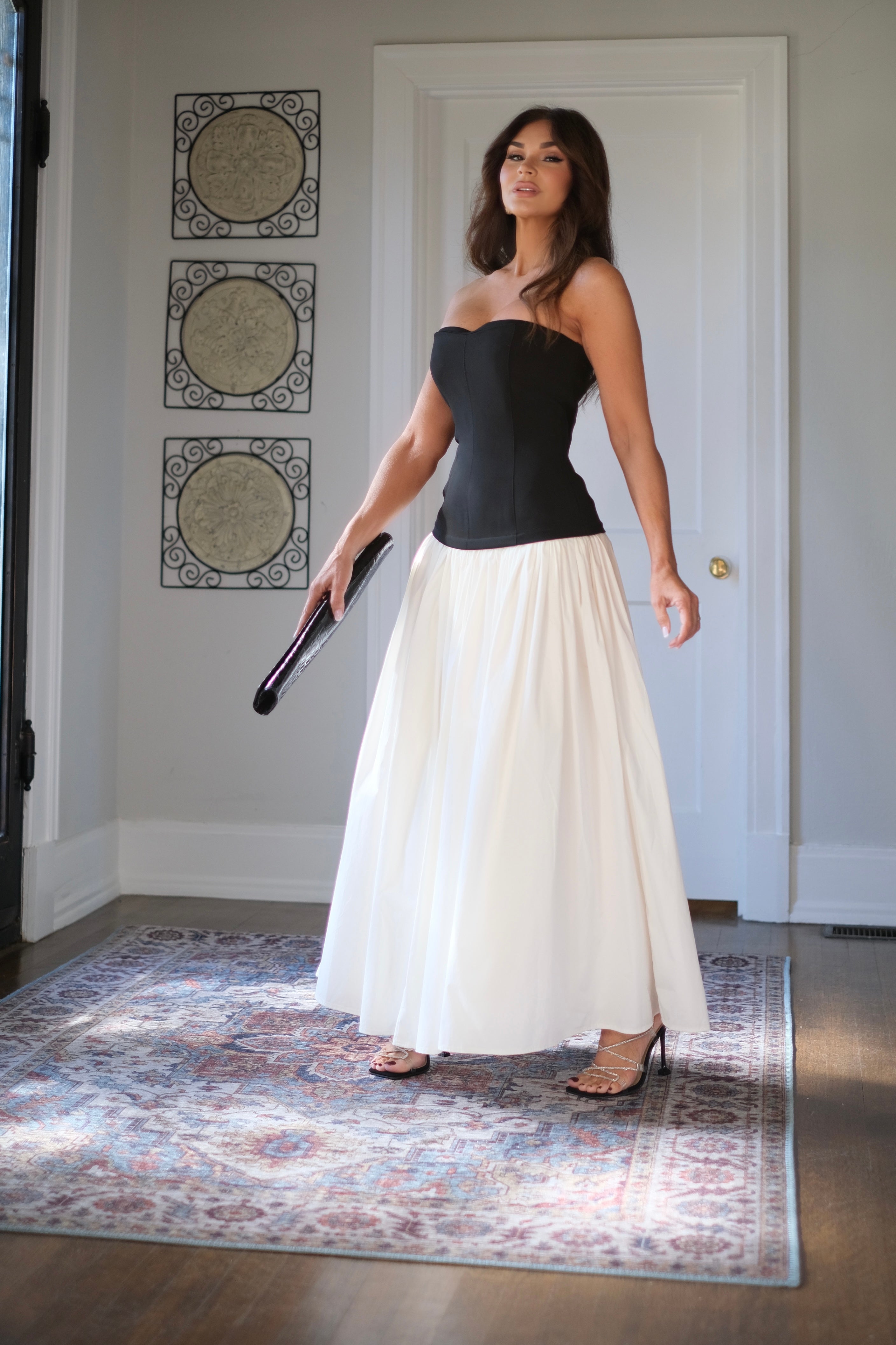 Mia Black and Off White Color Block Corset Strapless Maxi Dress