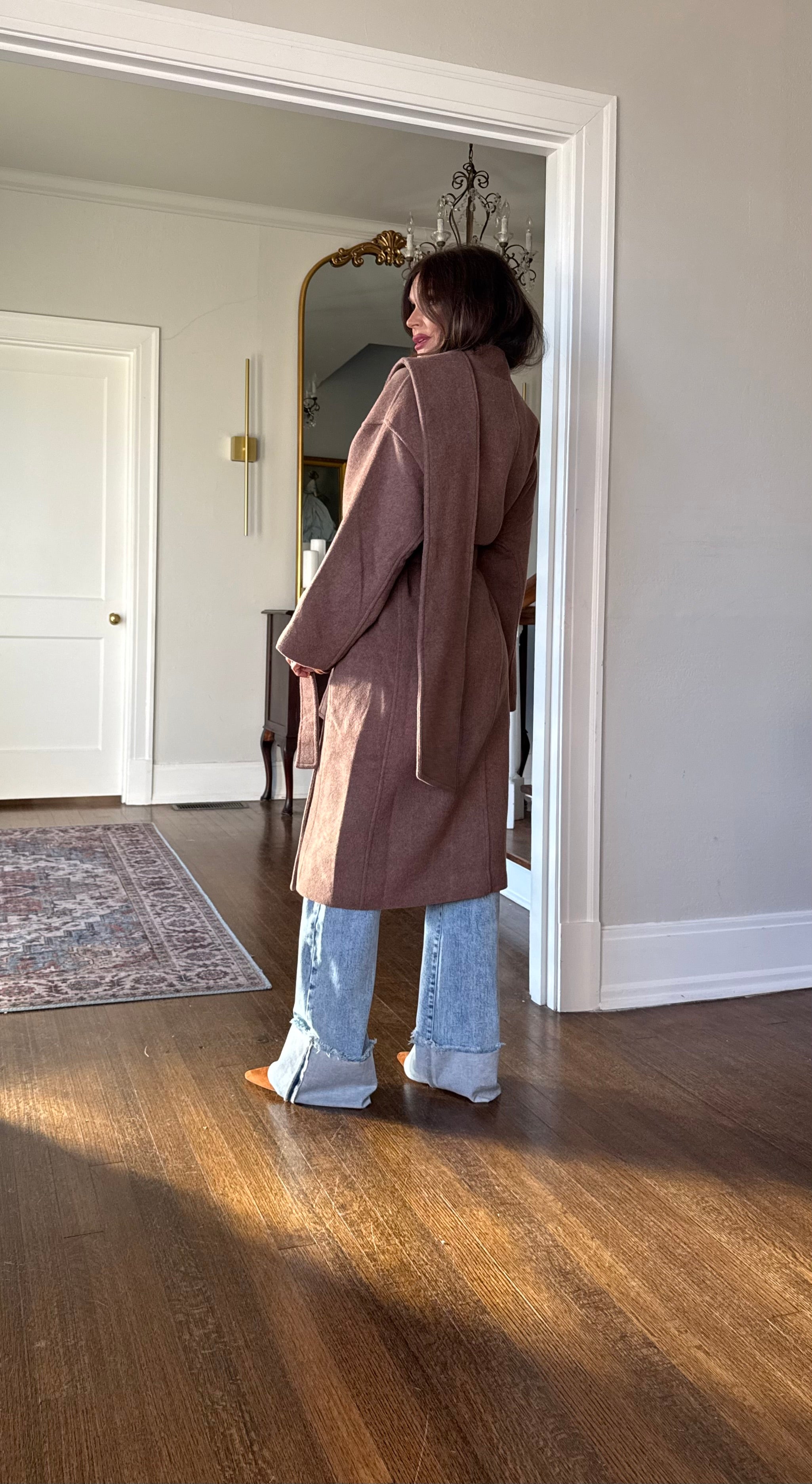 Lexi Drape Brown Front Drape Wool Trench Coat With Tie Belt