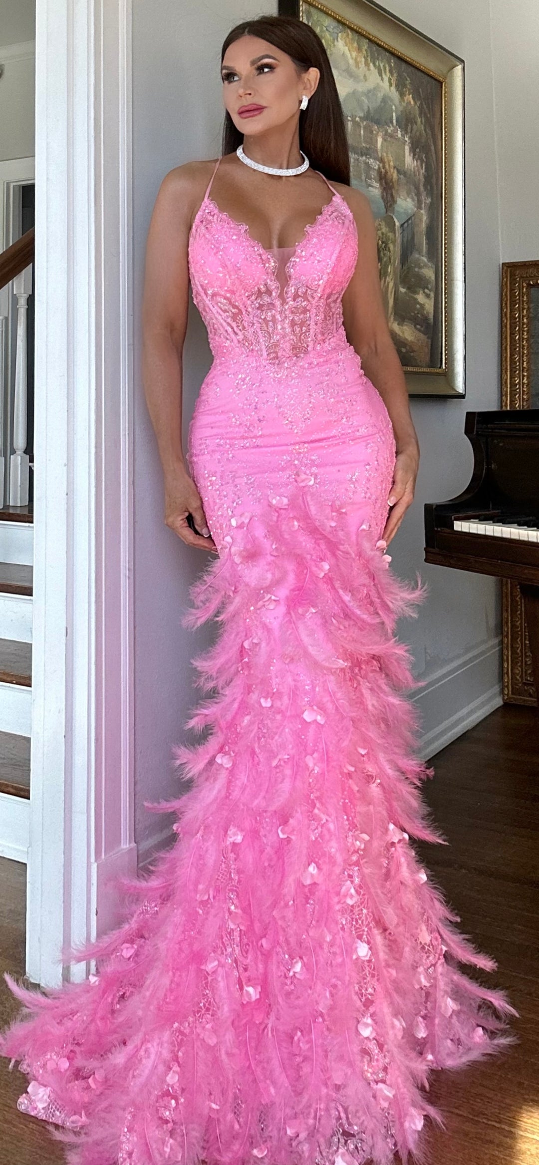 Marlo Flame Hot Pink mermaid gown with feather details