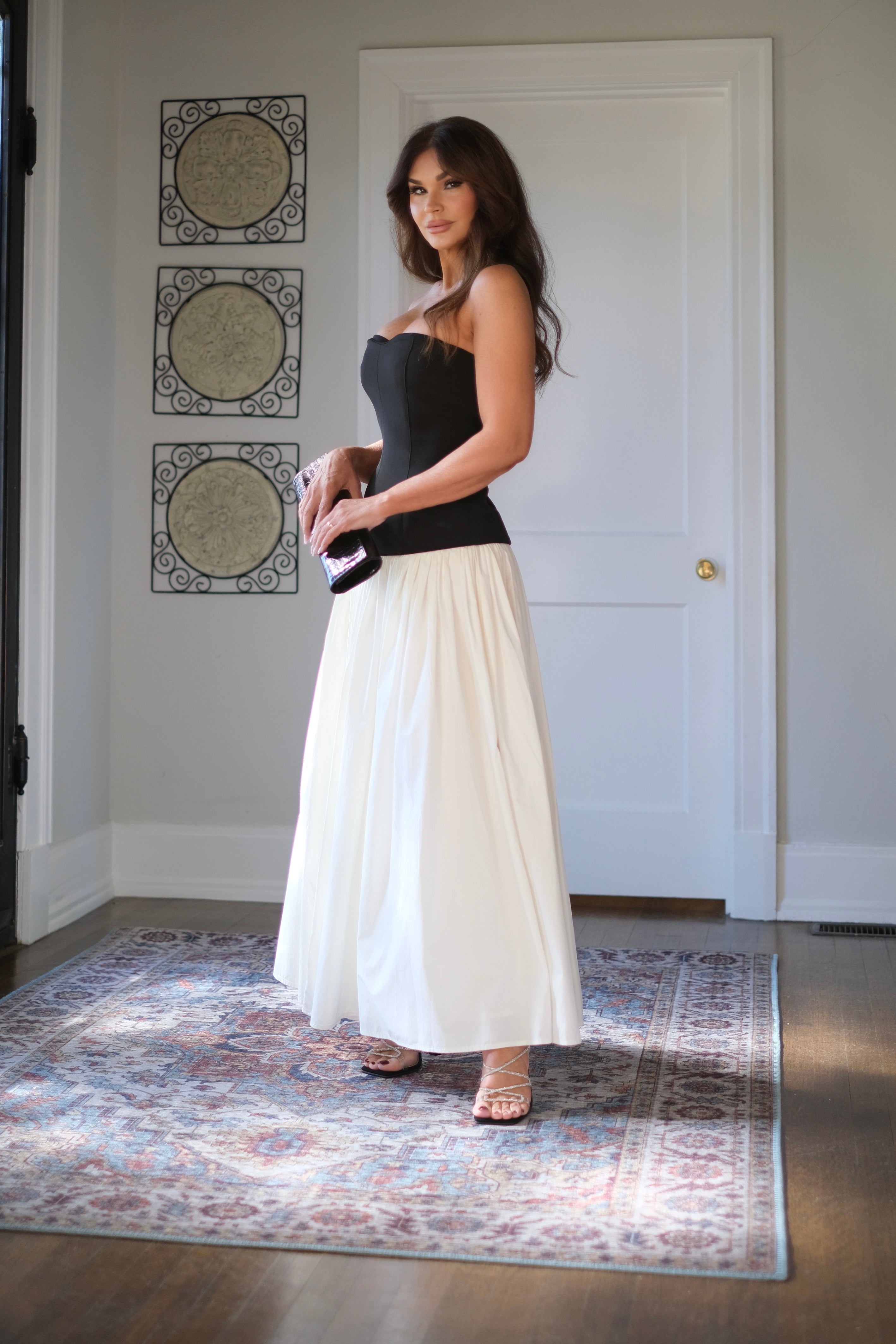Mia Black and Off White Color Block Corset Strapless Maxi Dress
