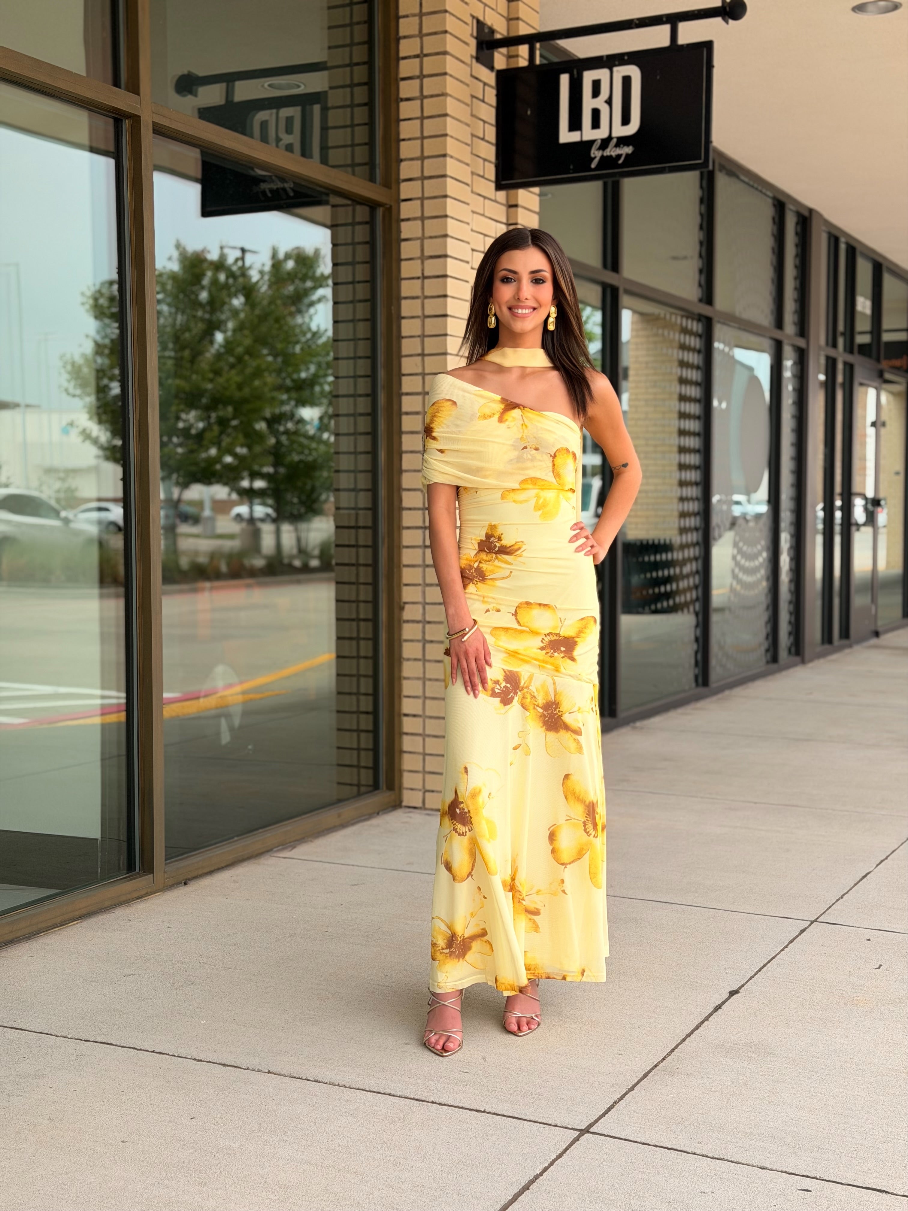 Rhea yellow floral strapless asymmetrical maxi dress