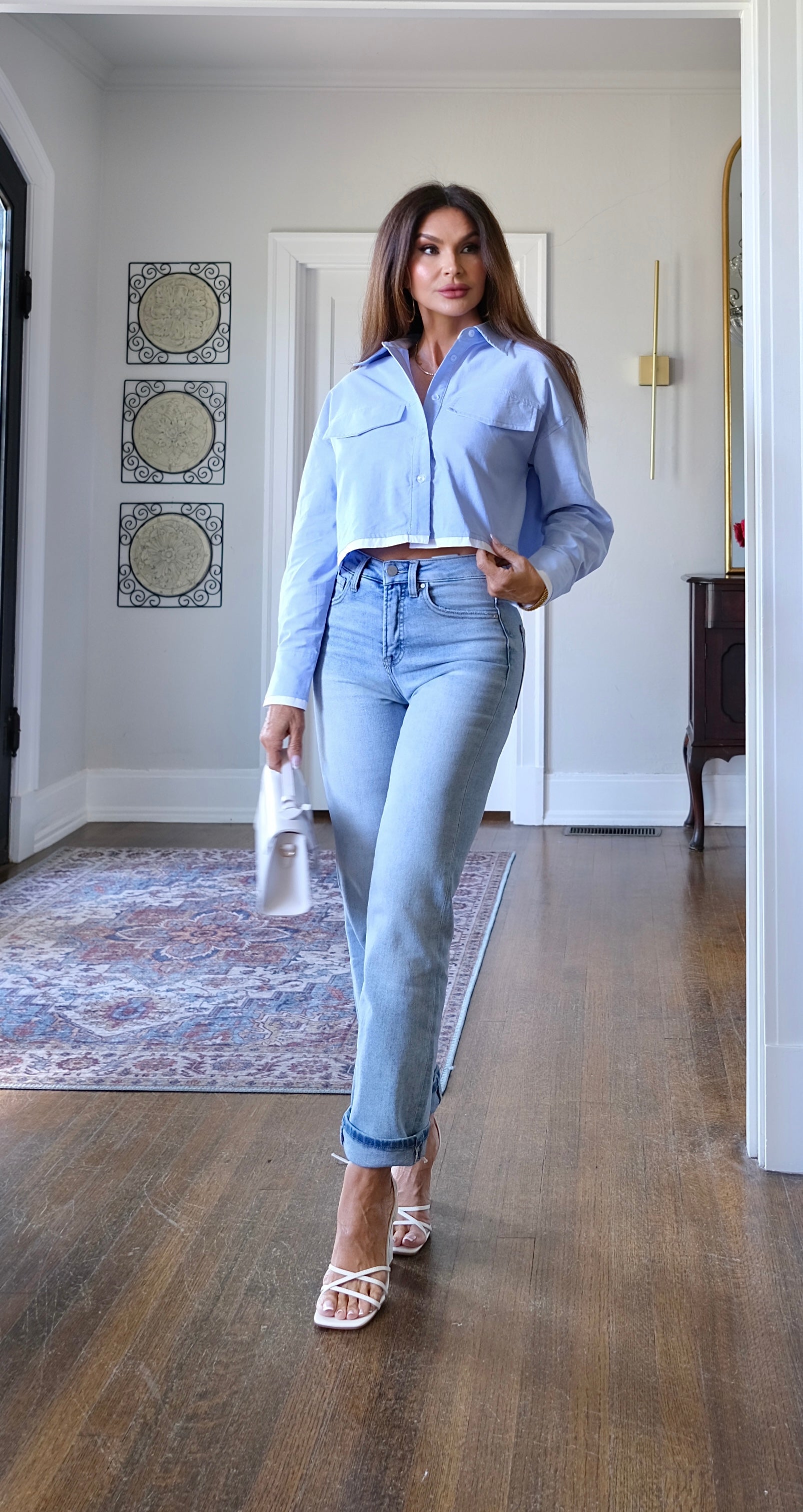 Alice blue crop button up