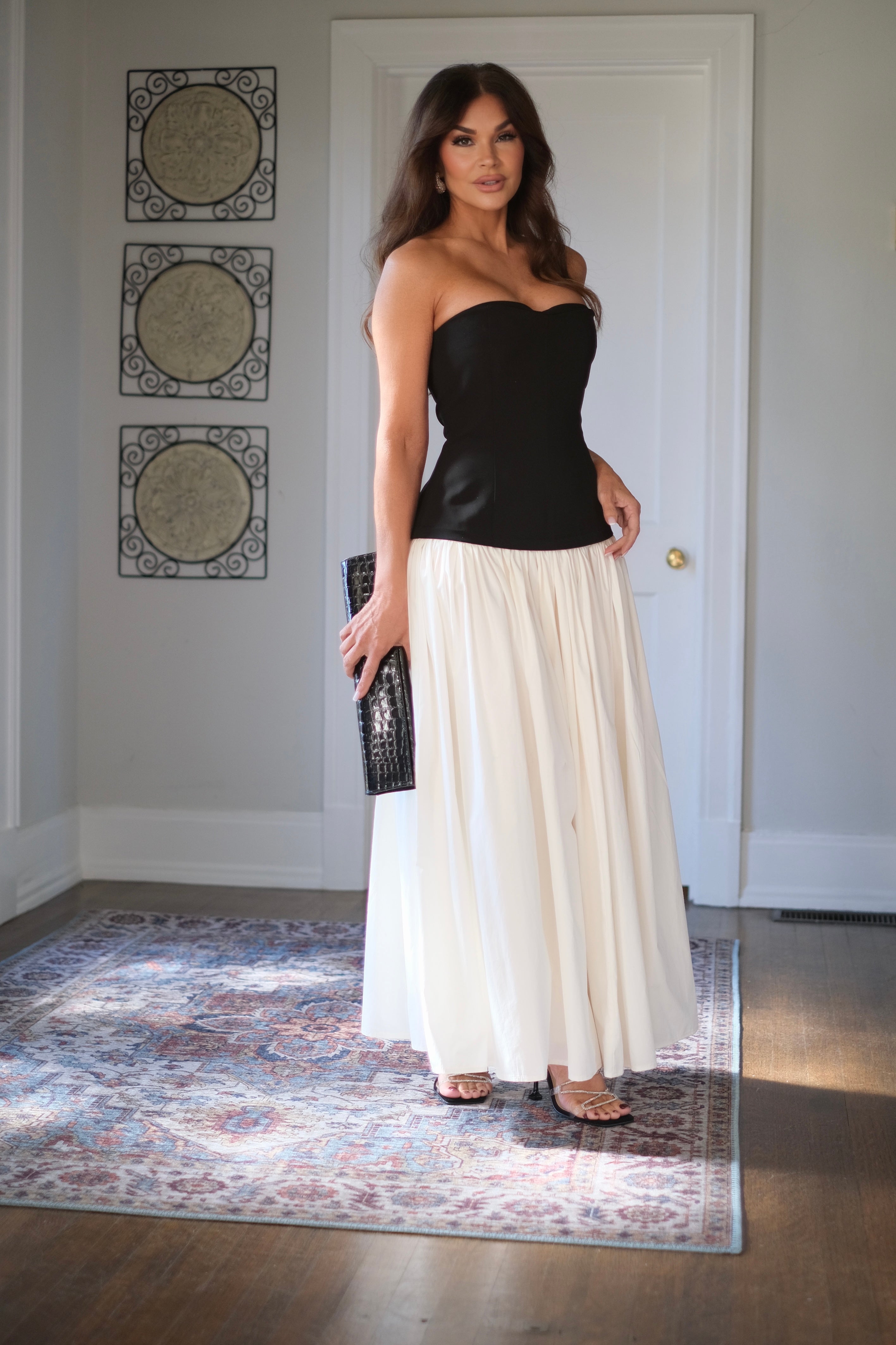Mia Black and Off White Color Block Corset Strapless Maxi Dress