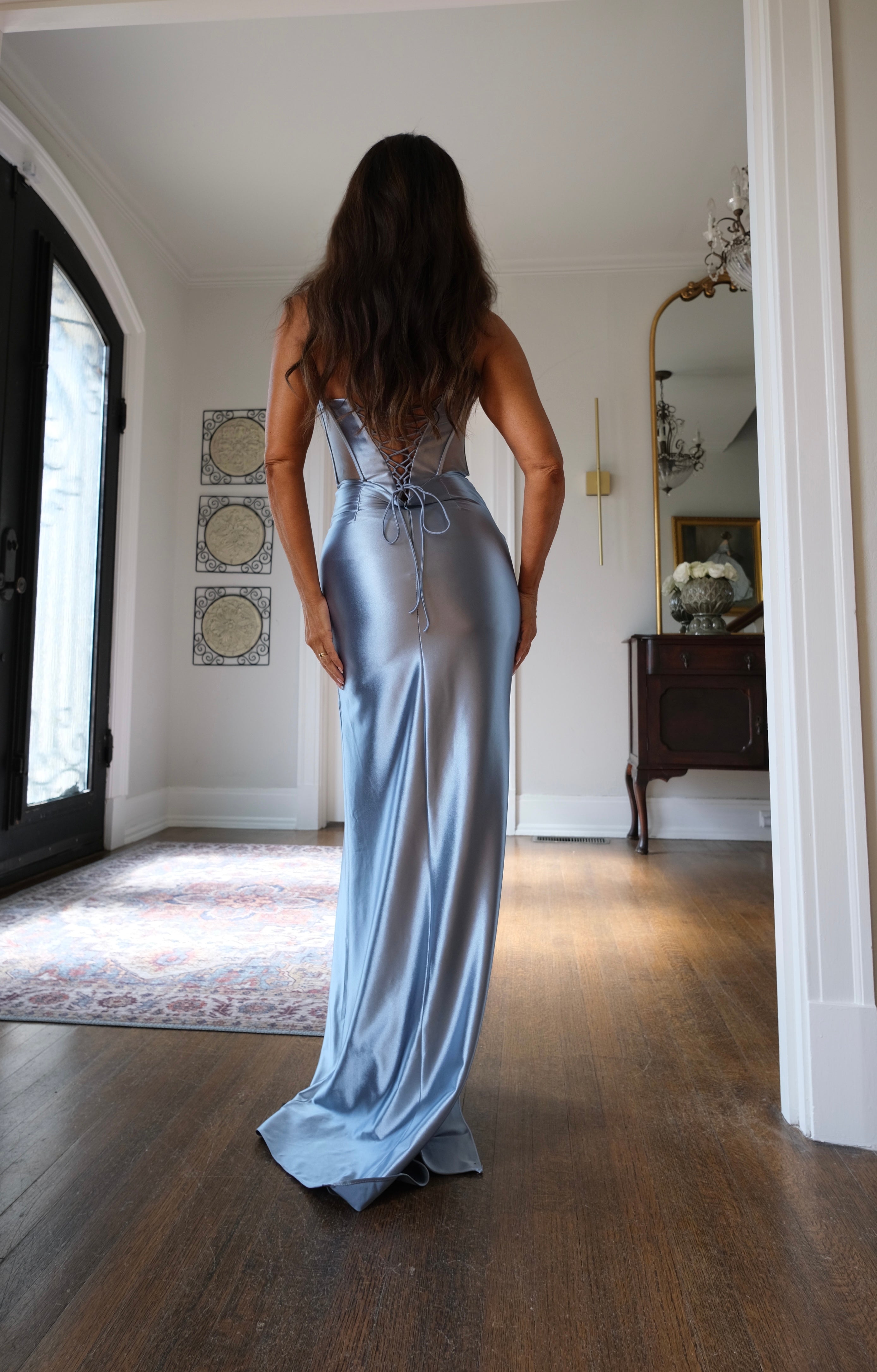 Robyn dusty blue mesh corset formal with slit