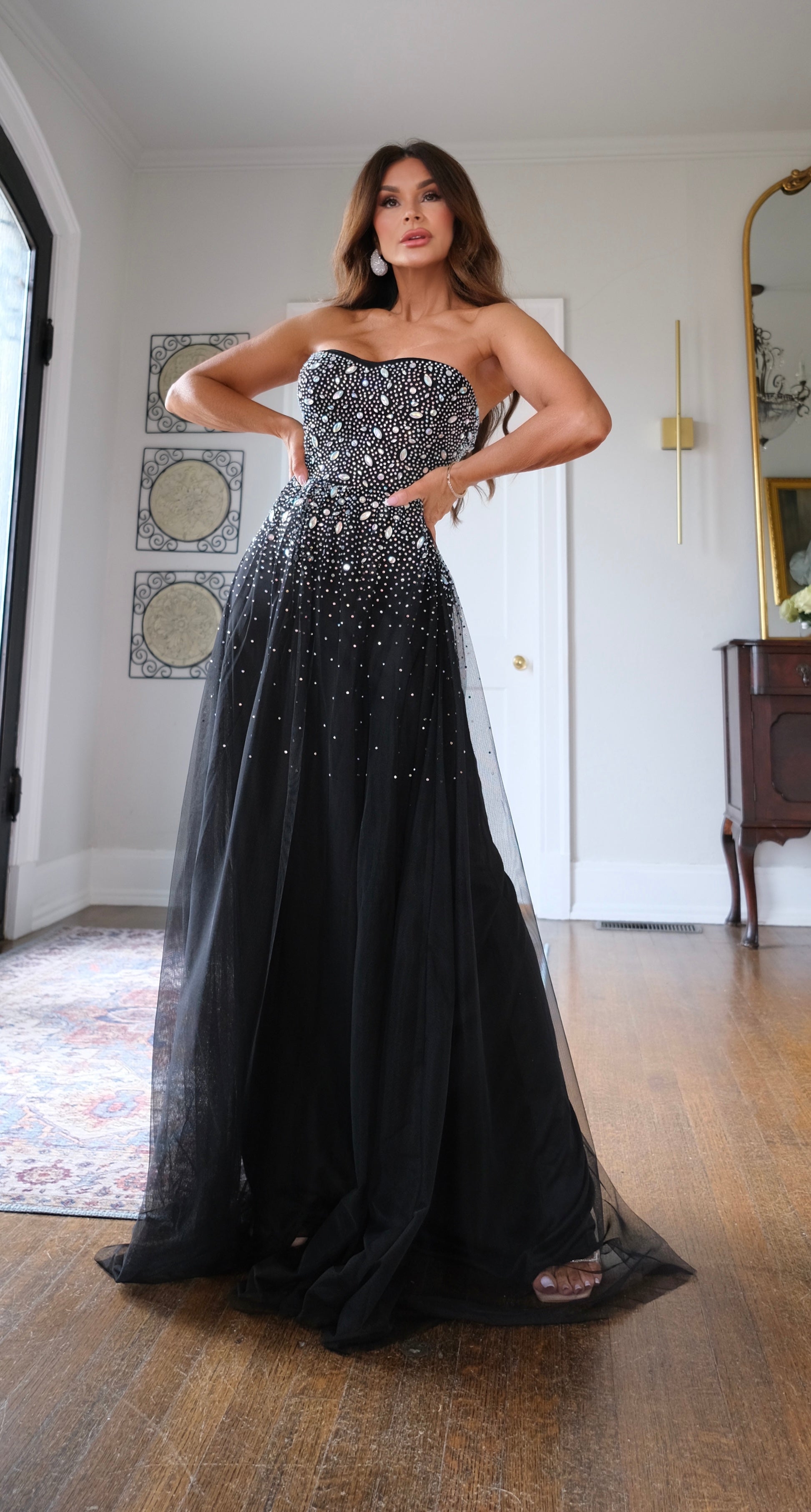 Dominque black glitter and rhinestone mesh maxi dress