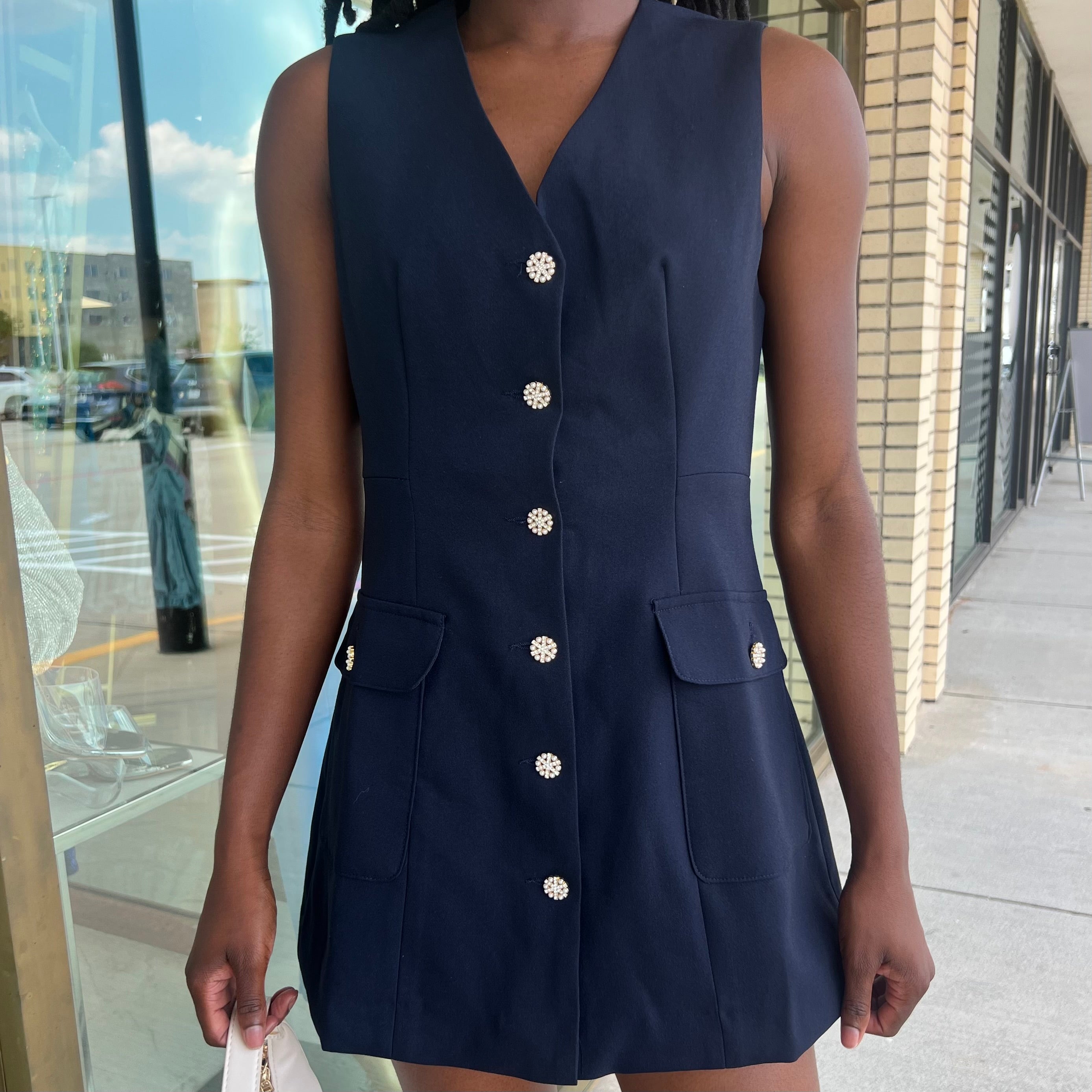 Reva Dark Navy Crystal Button Front Romper
