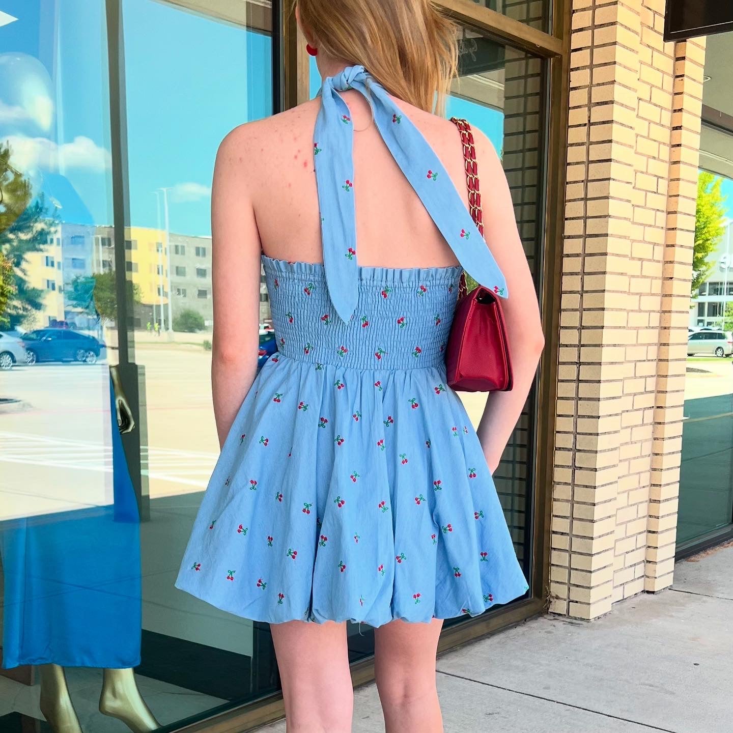Cherry Light Denim Halter Bubble Cherry Mini Dress
