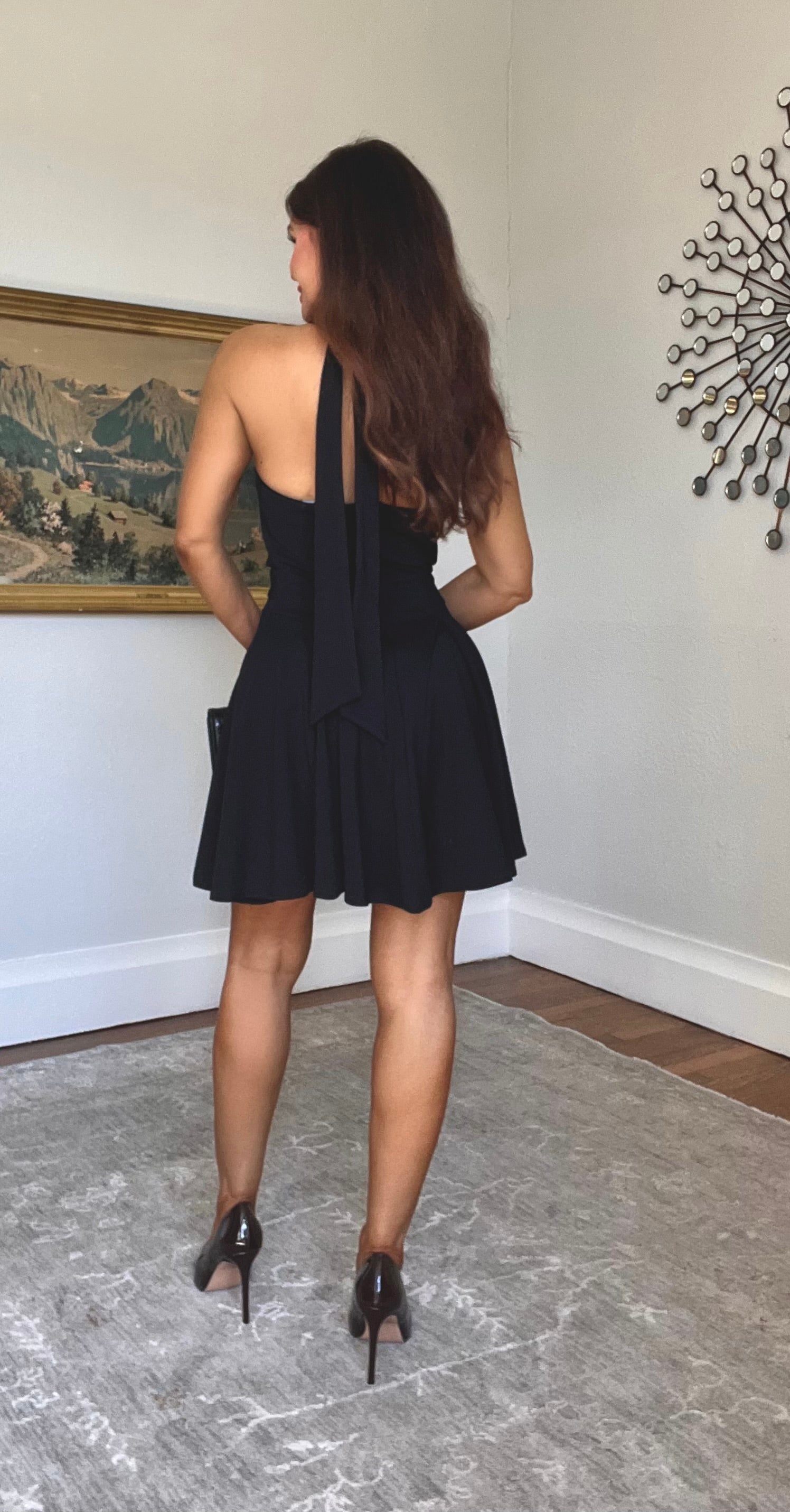 Kendra Black Drape Neck Pleated A Line Mini Dress
