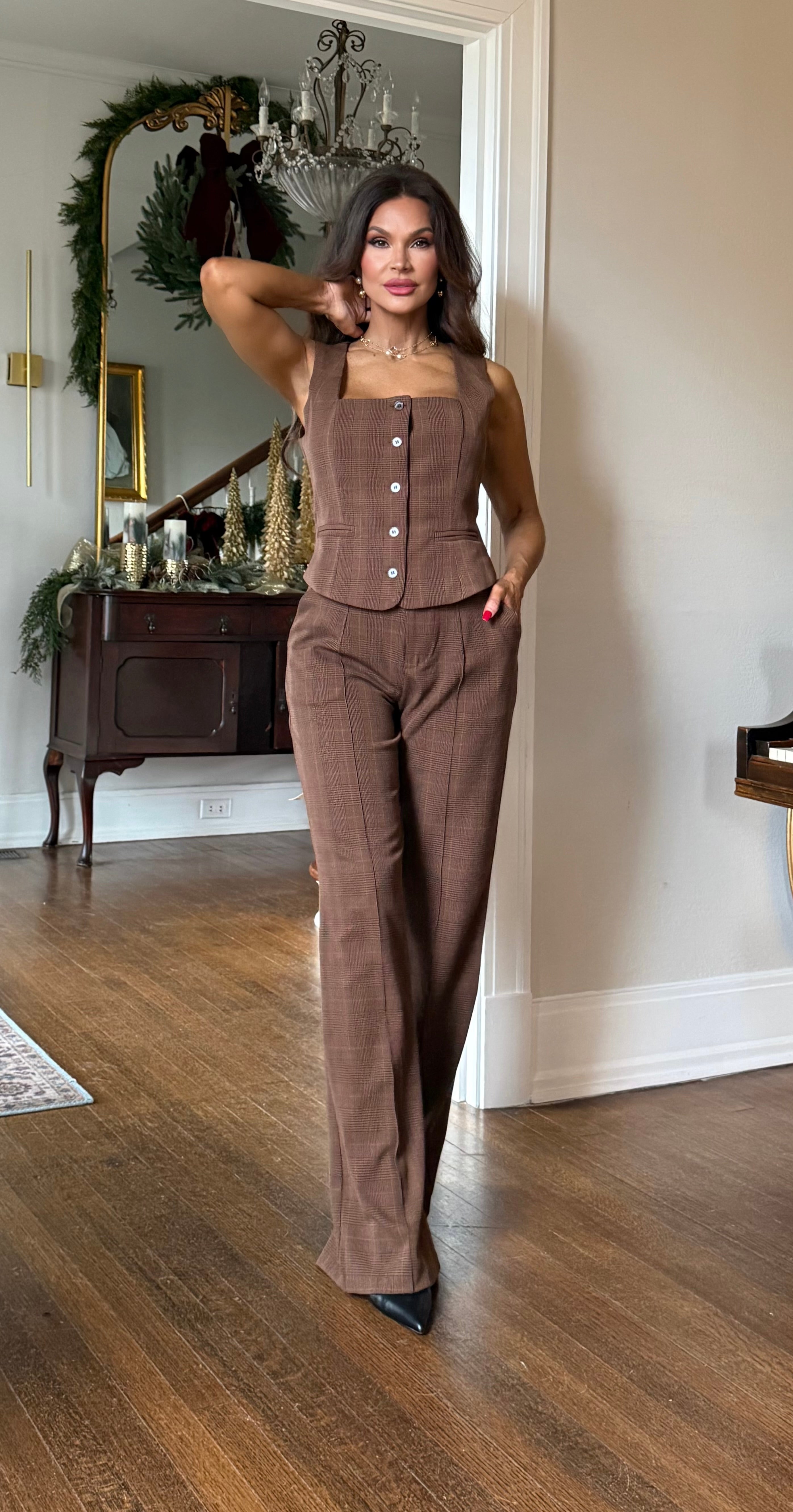 Venna brown plaid square neck vest