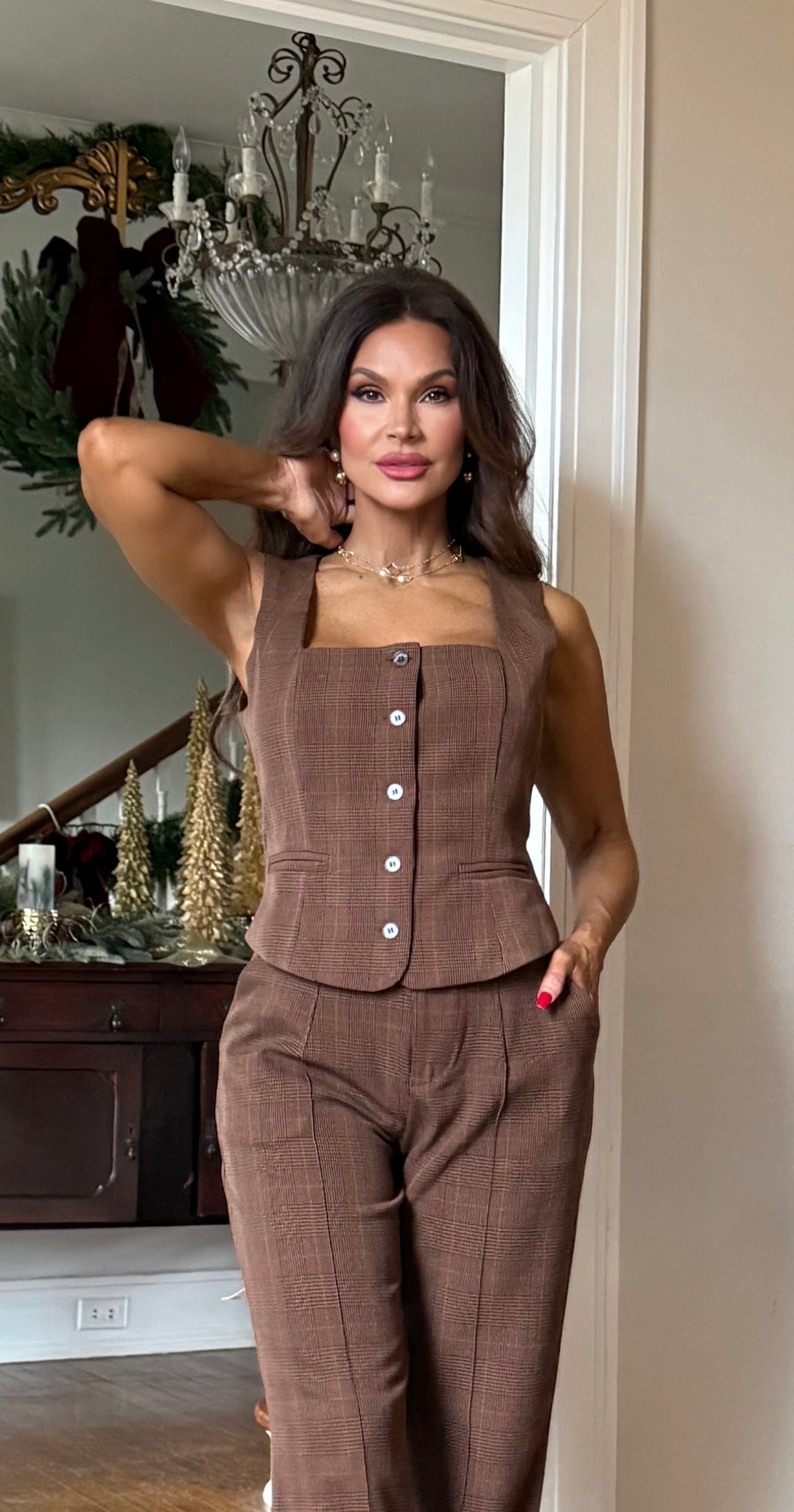 Venna Brown Plaid Square Neck Vest
