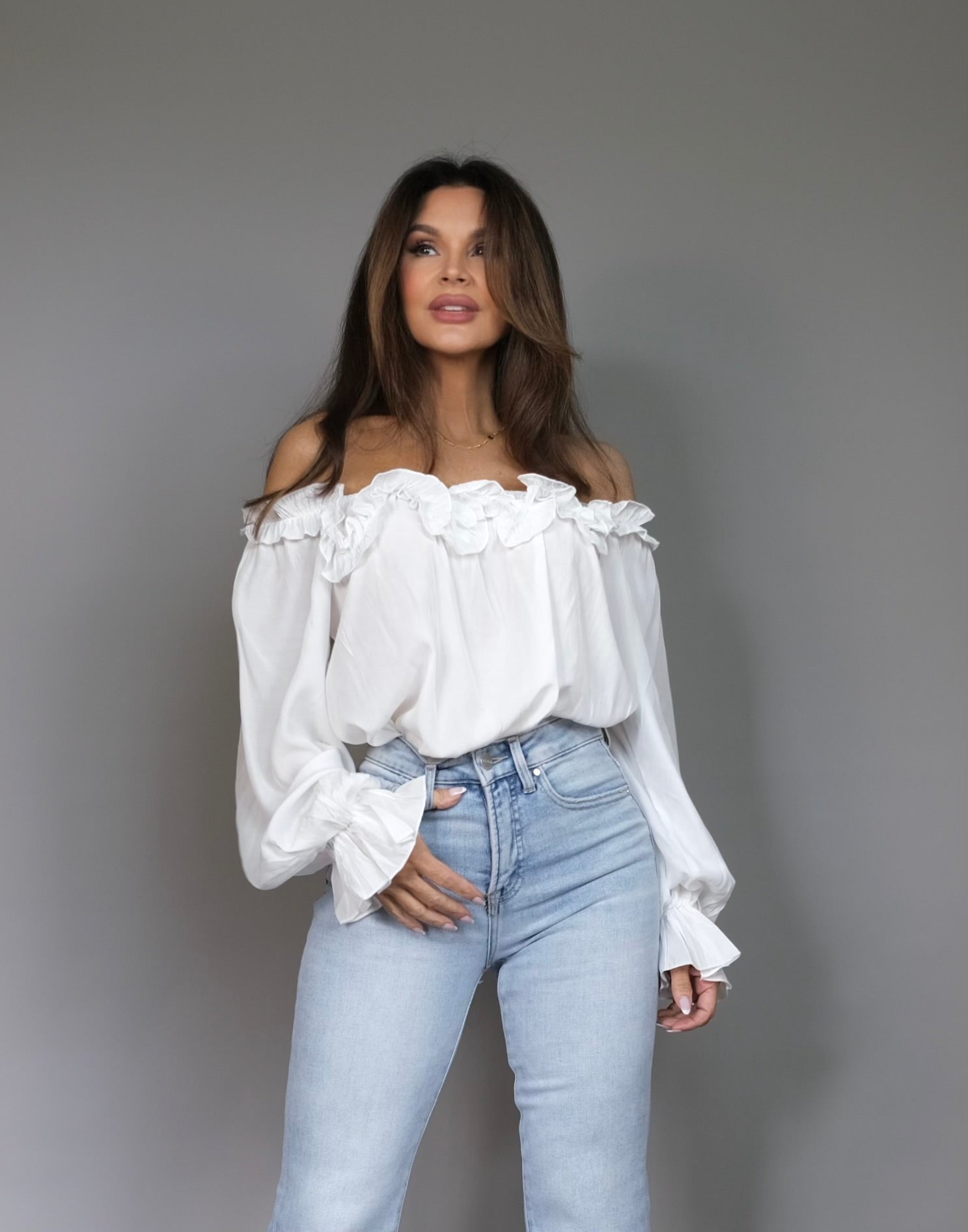 Jane white off shoulder ruffle shirt