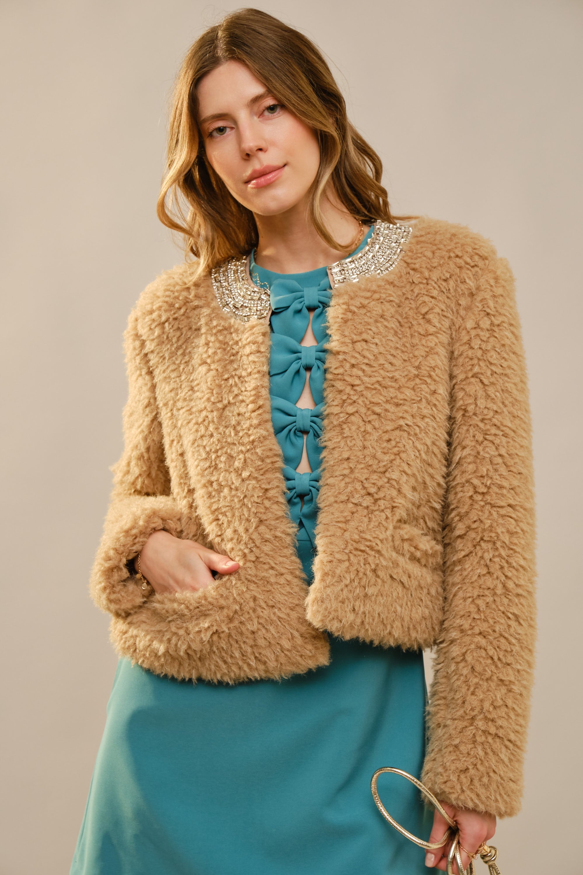 Kimia Tan Jewel Embellished Faux Fur Jacket