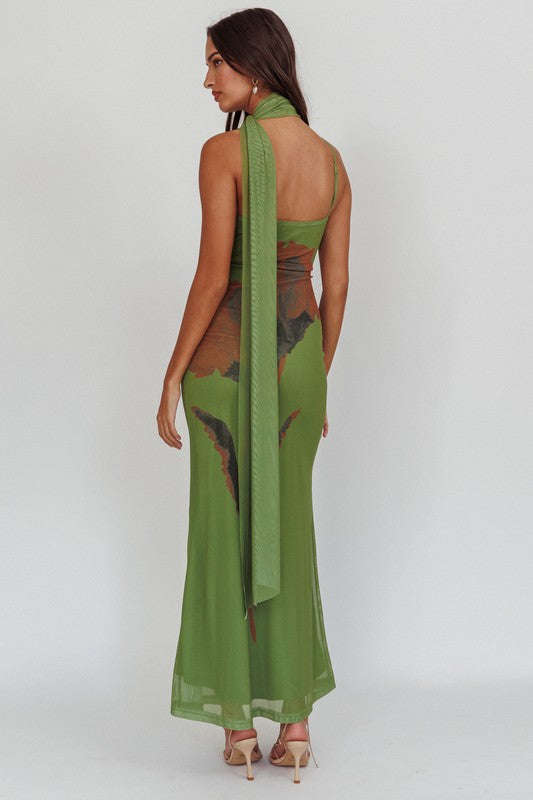 Leslie Matcha Green Midi With Floral Pattern
