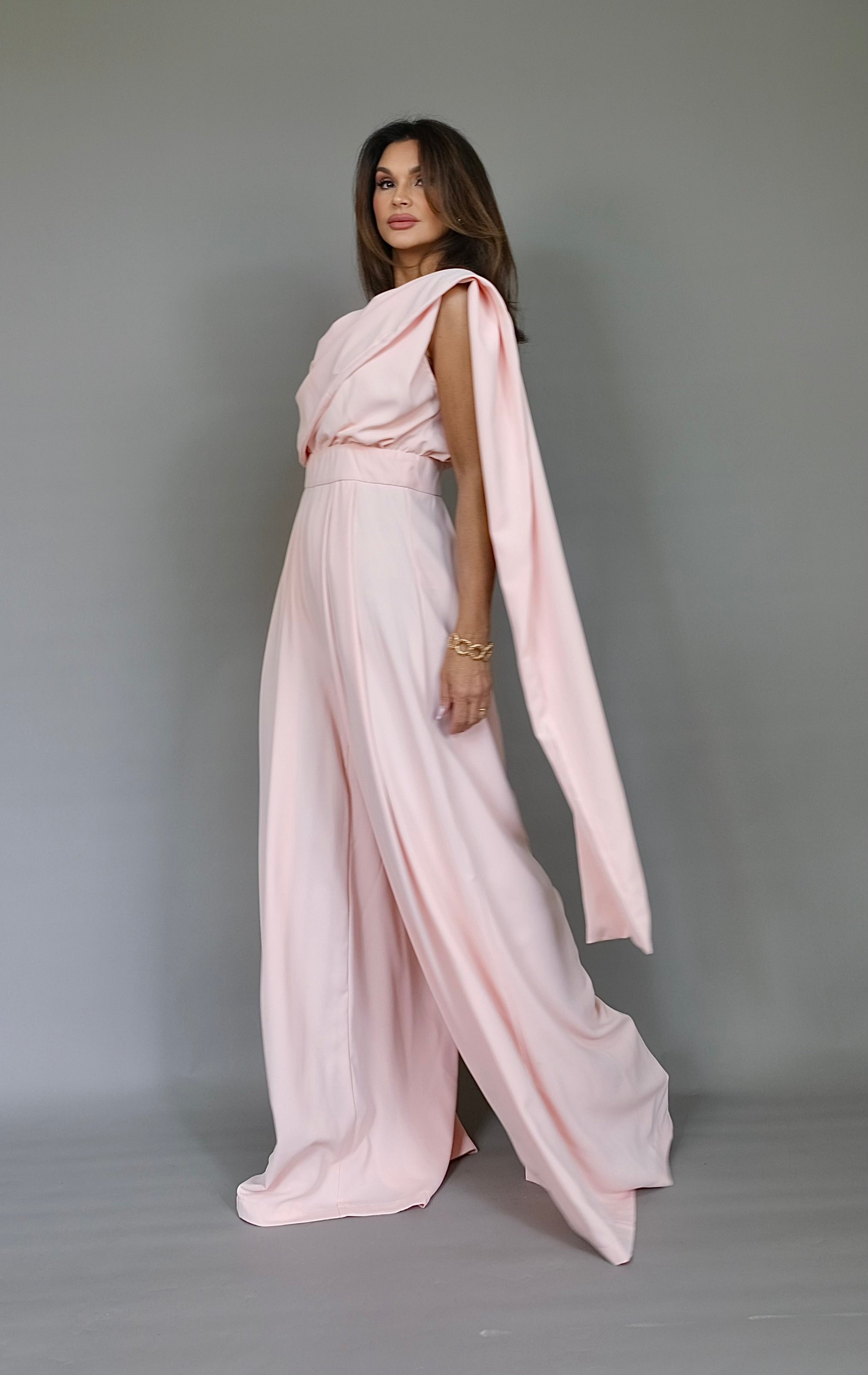 Jersey light peach wide leg jumpsuit with scarf detail