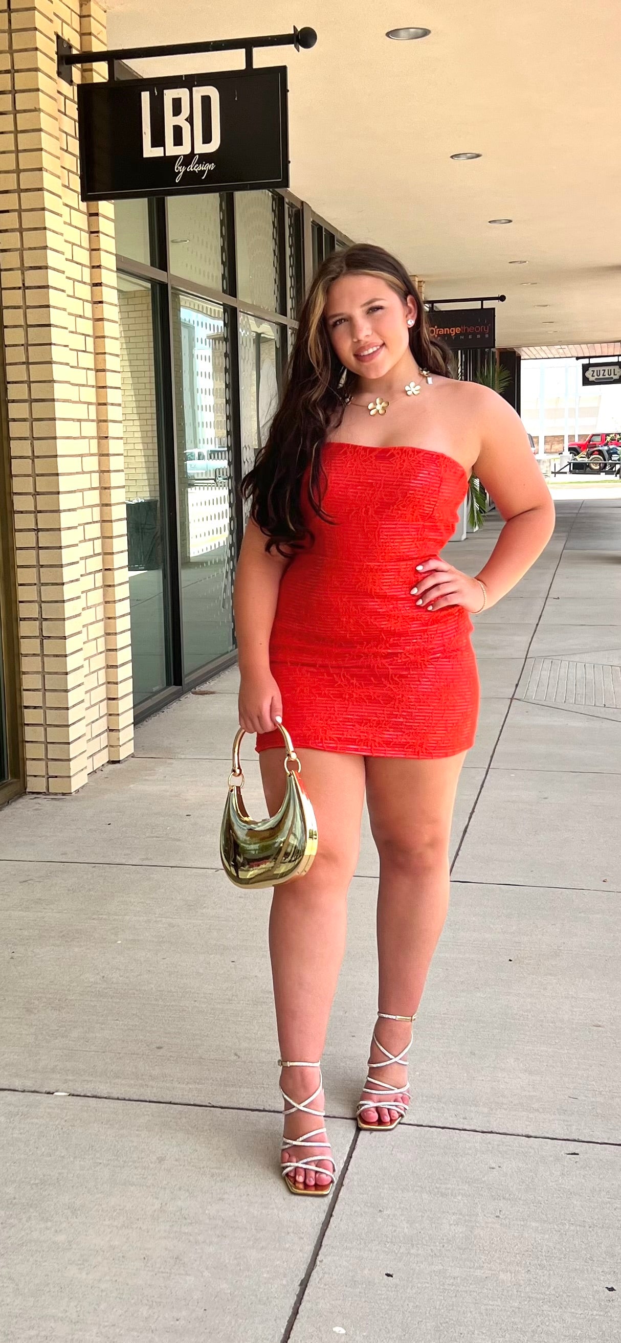 Q orange bandeu mini with lace sequin overlay
