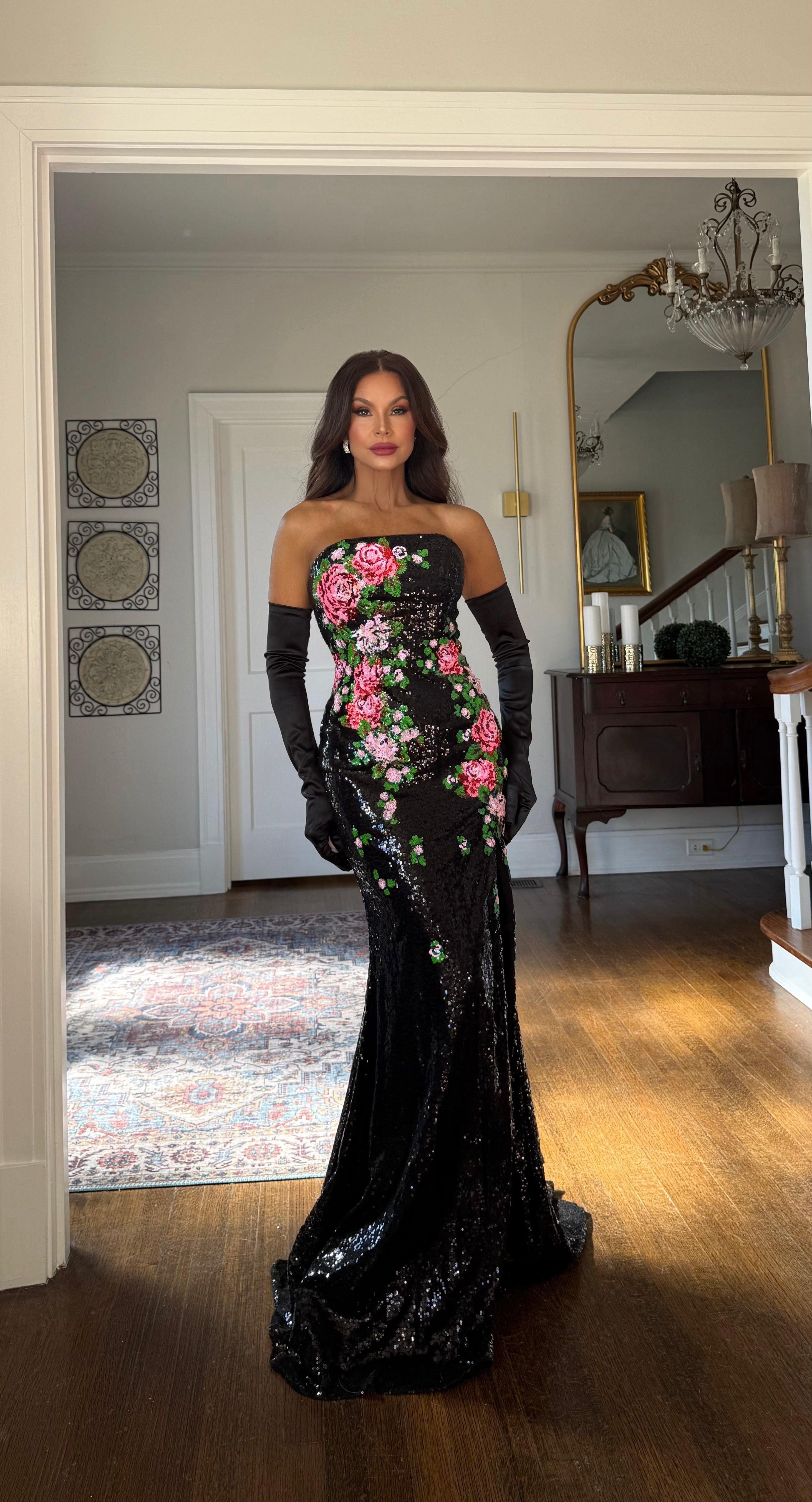 Margot Black Sequin Formal with Floral Pattern