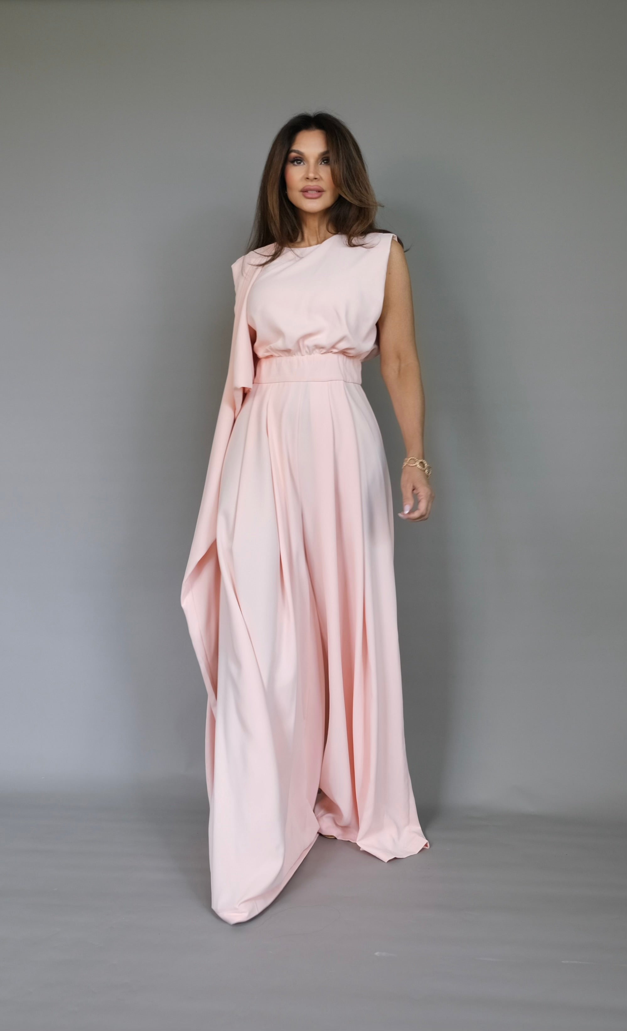 Jersey light peach wide leg jumpsuit with scarf detail