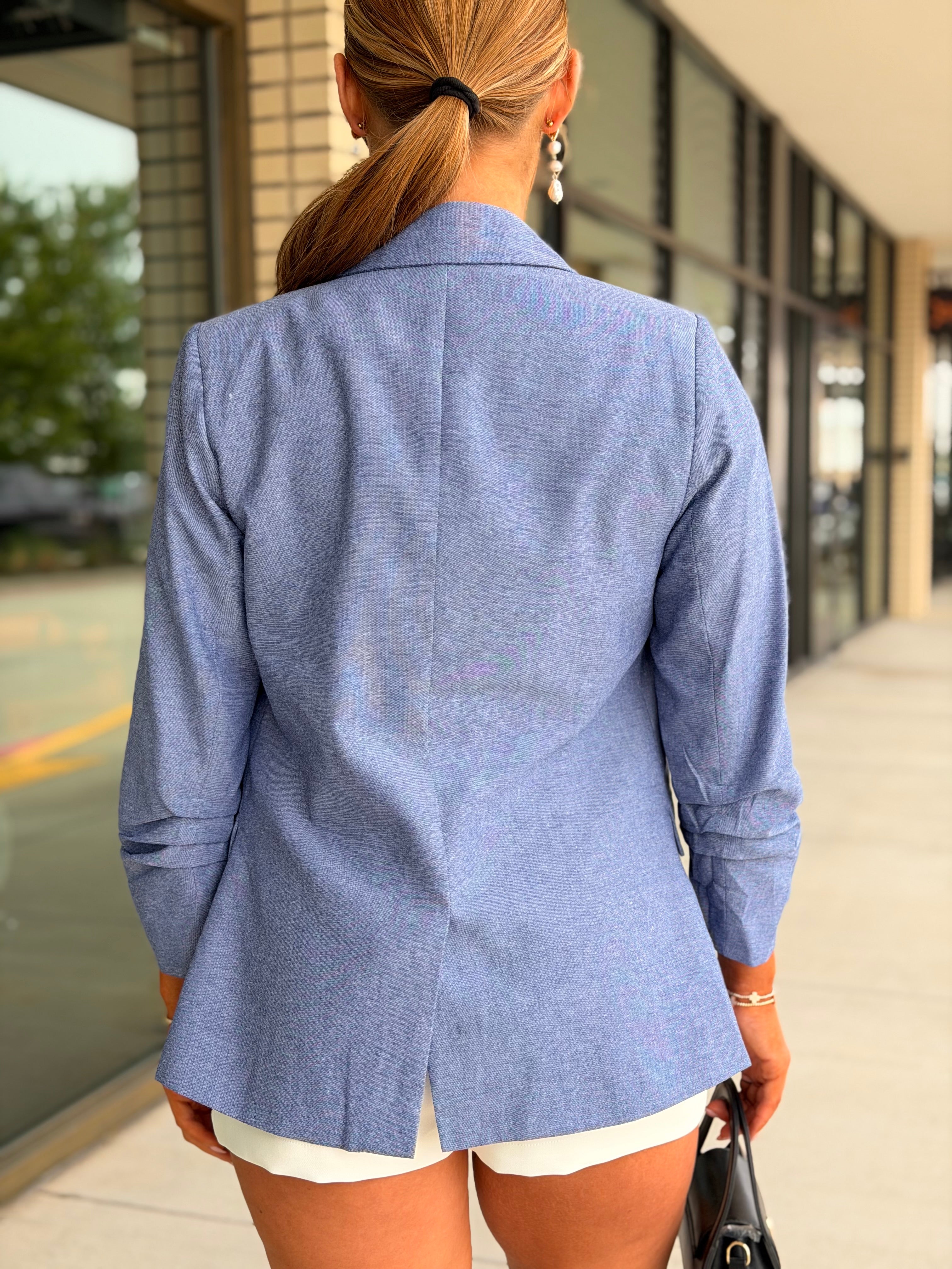 Margo Denim Ruched Pocket Blazer