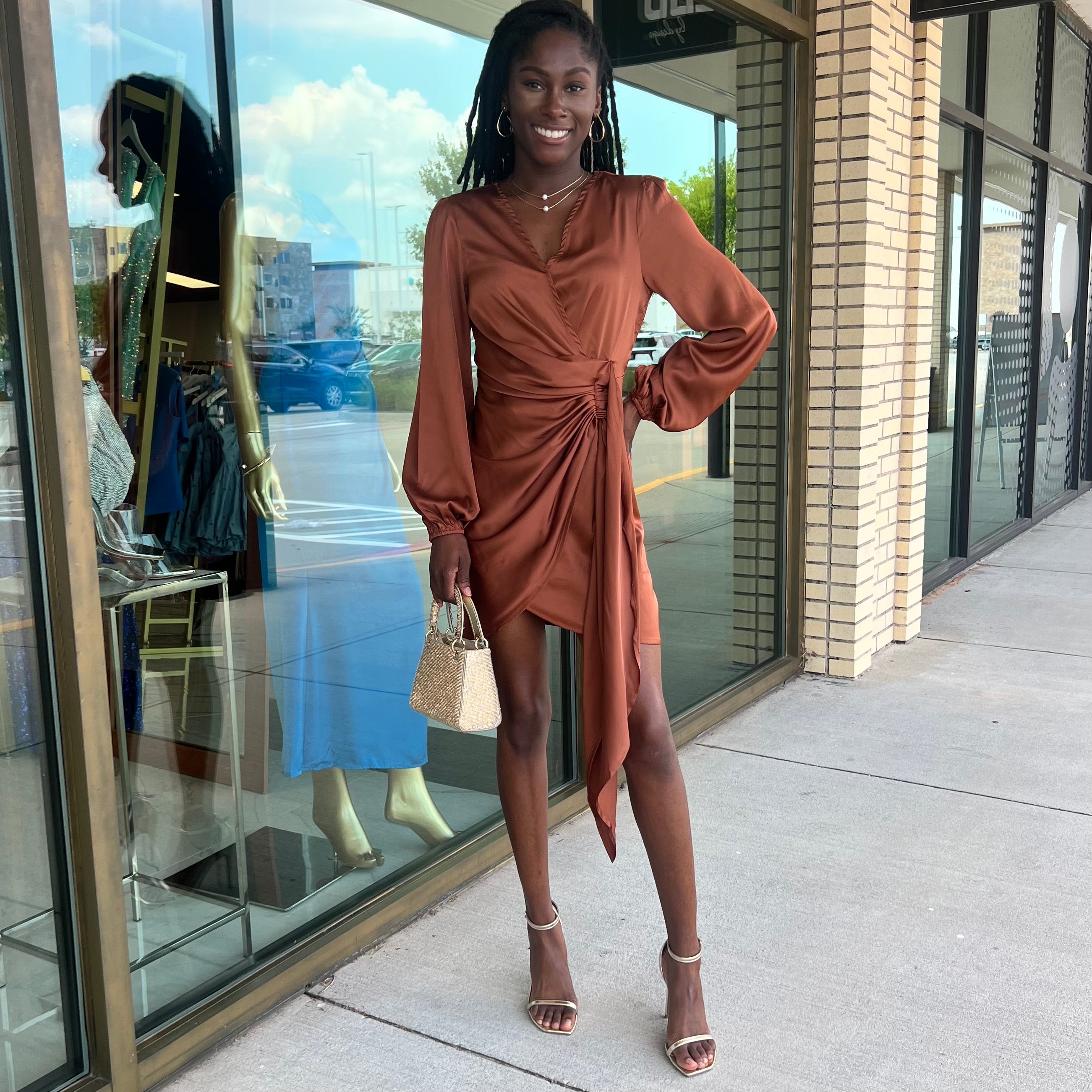 Milli Chocolate Brown Long Sleeve SIde Sash Mini Dress