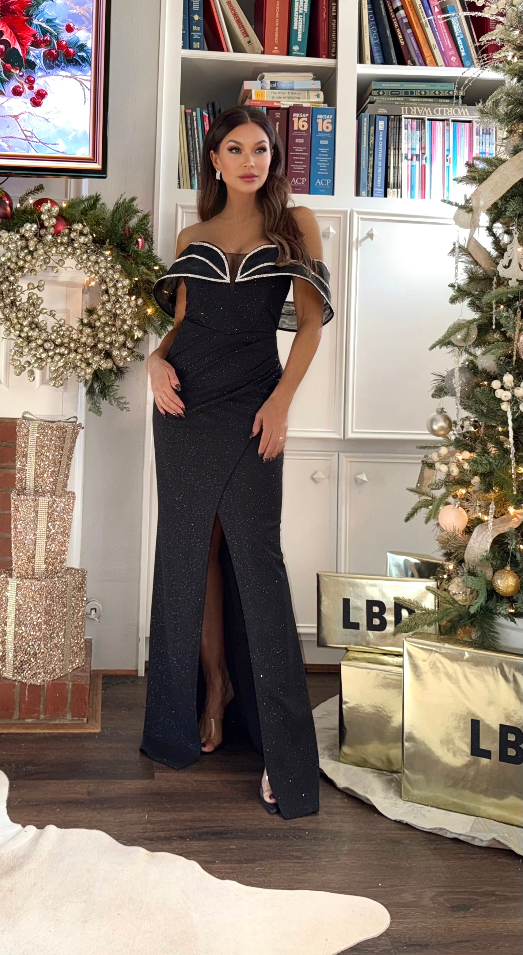 Ivanka Black Rhinestone Piped On Tulle Off Shoulder Fitted Formal Dress