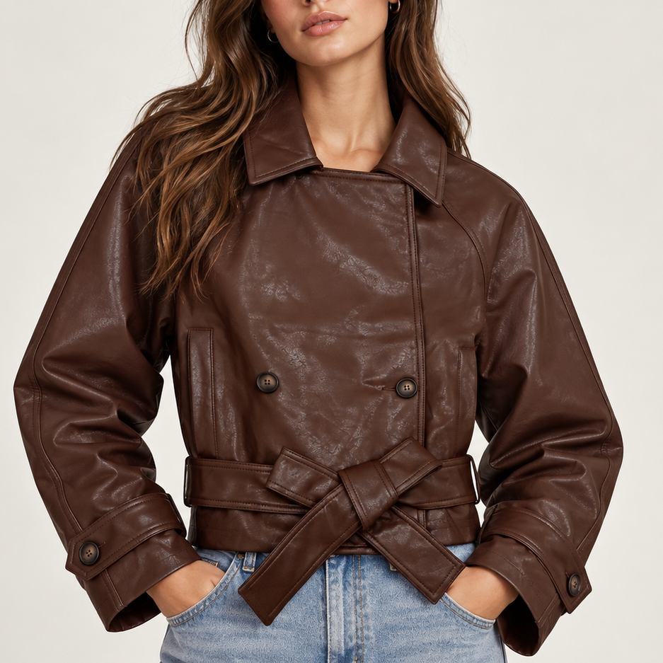 Cordelia Dark Maroon Faux Leather Tie Waist Jacket