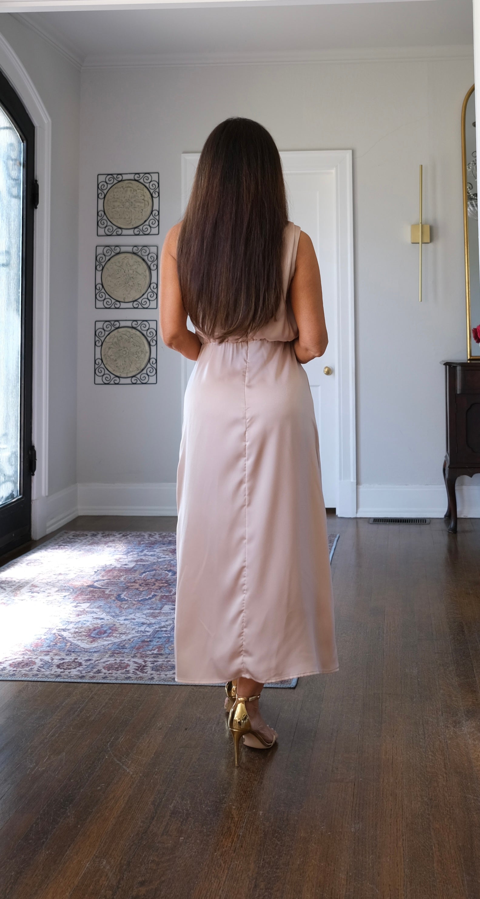 Bridgette apricot satin halter neck midi
