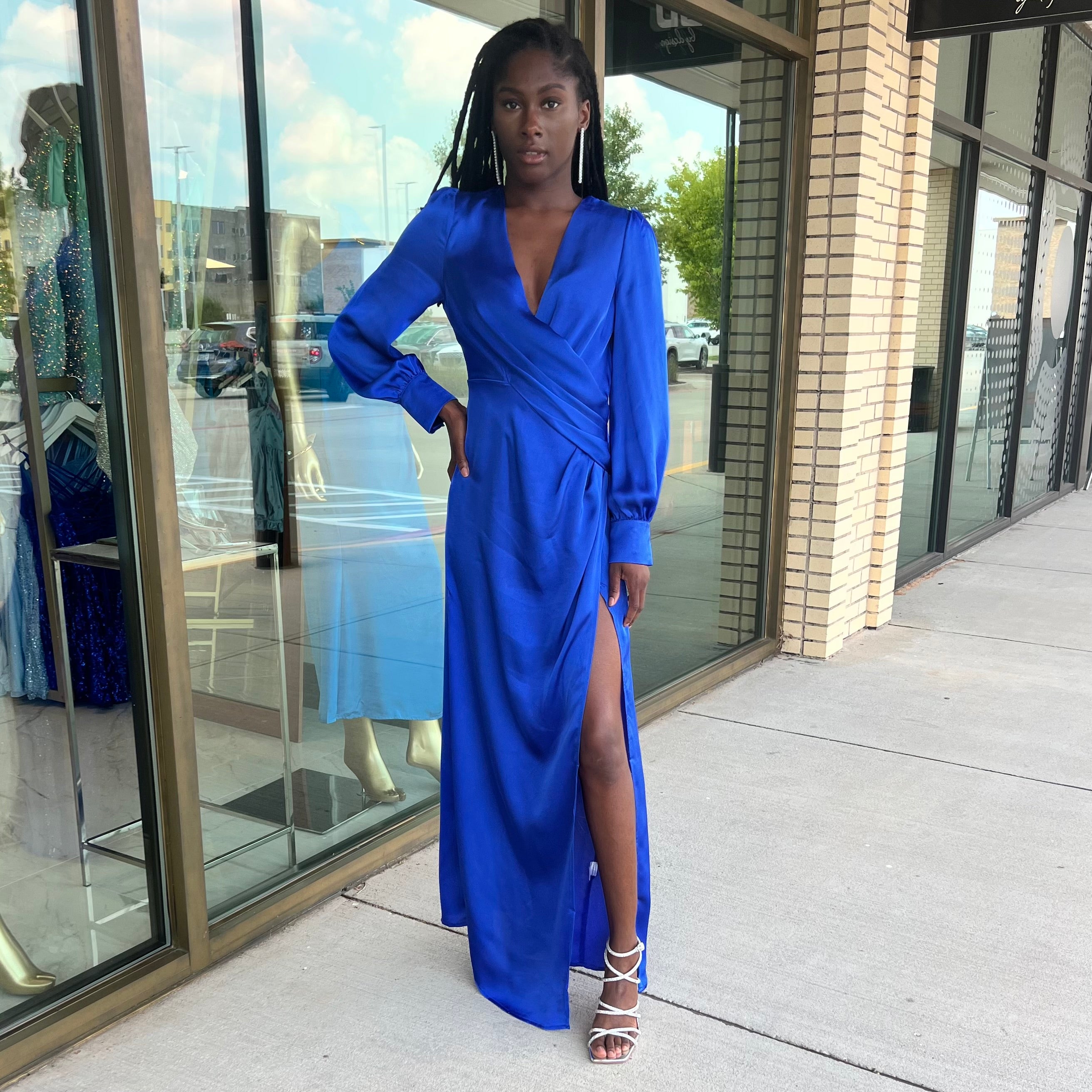 Stacy Royal Blue Long Sleeve Maxi Dress With Side Slit