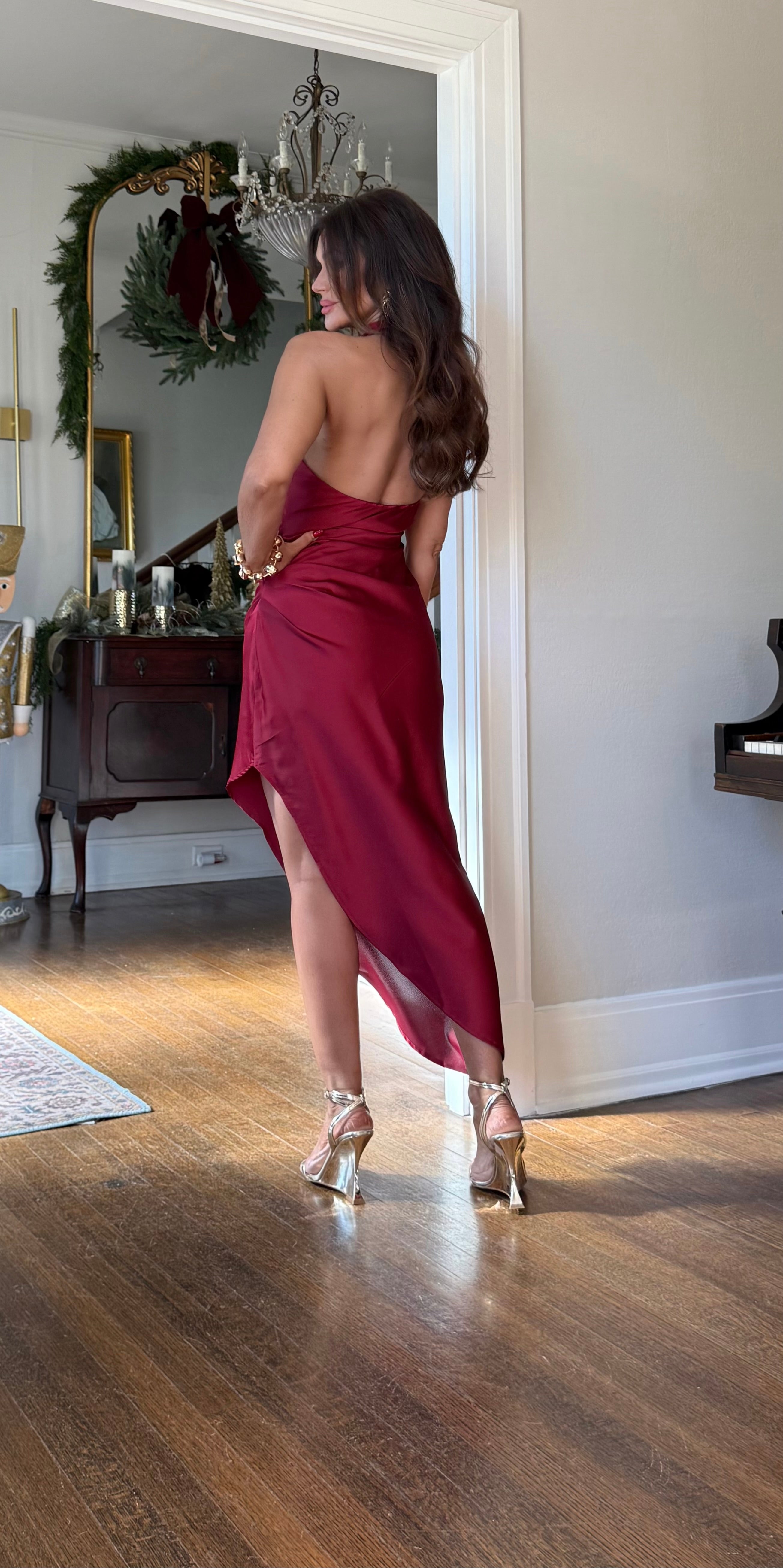 Kingsley Strawberry Wine Satin Asymmetrical Hem Halter Midi Dress