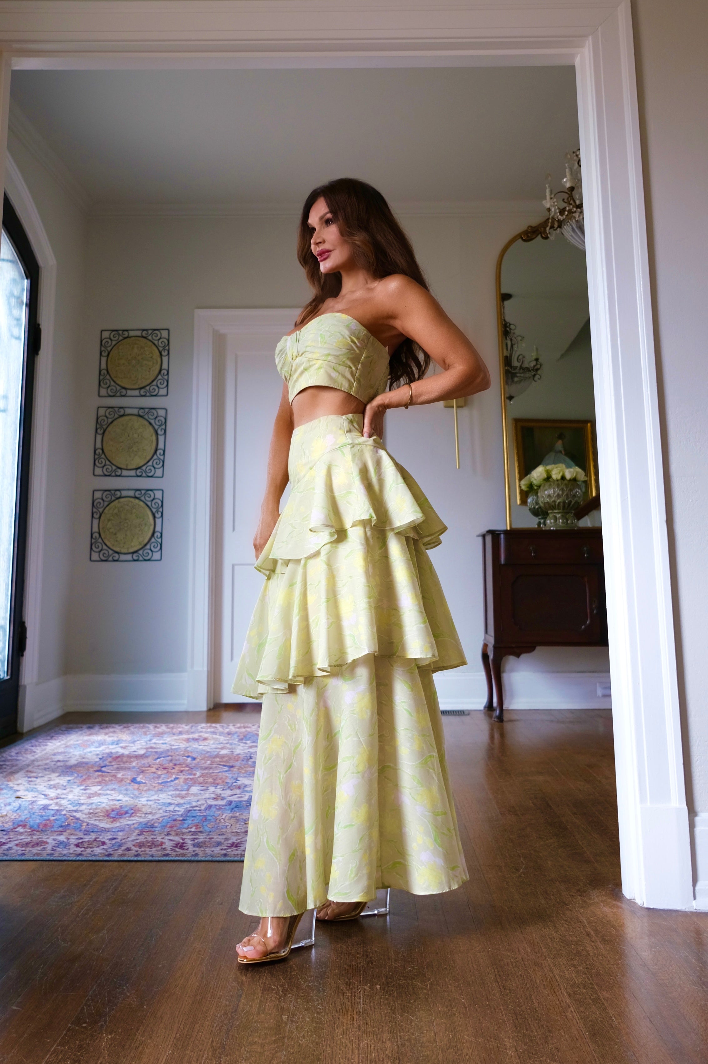 Tao green floral tiered skirt