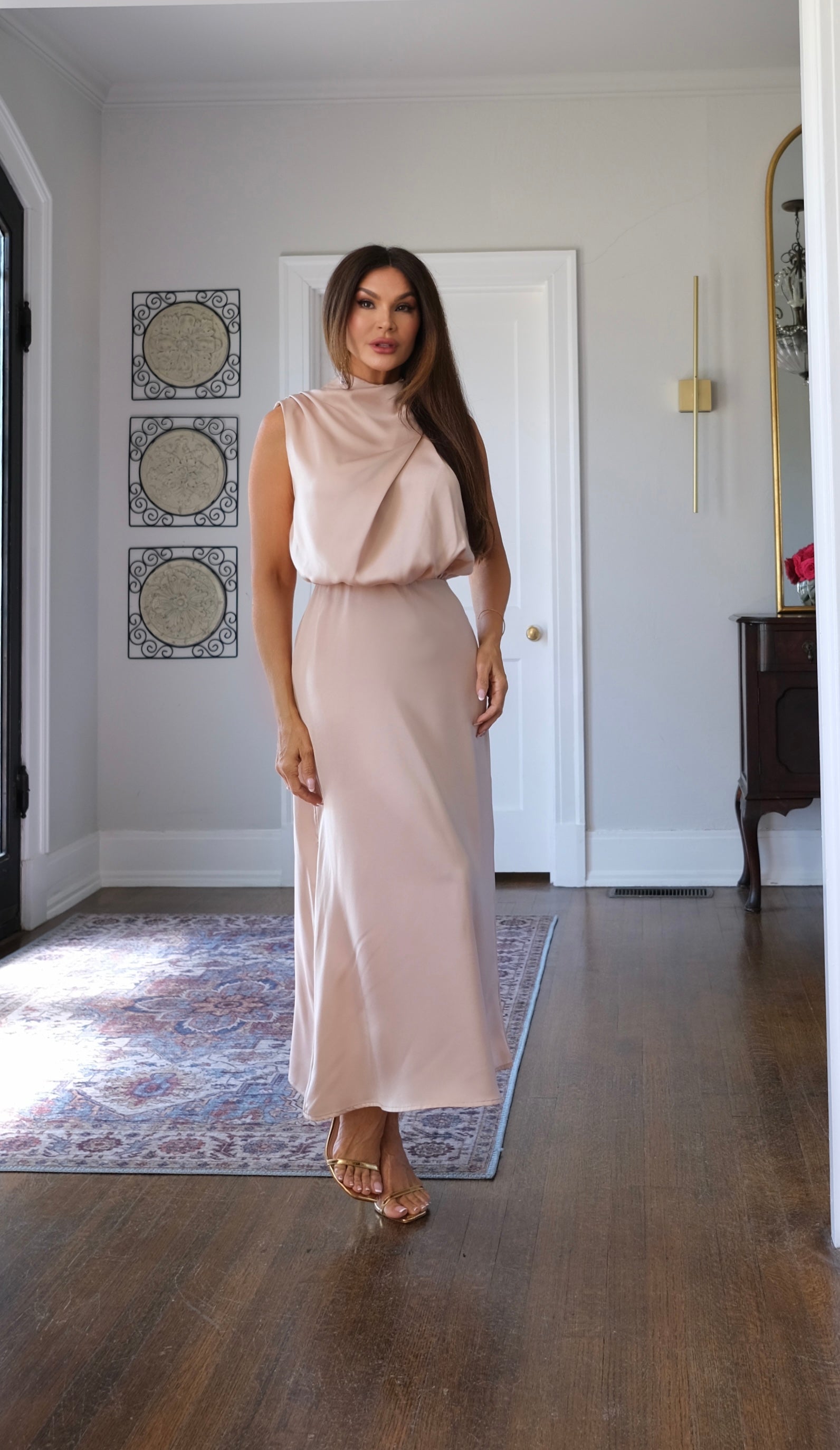 Bridgette apricot satin halter neck midi