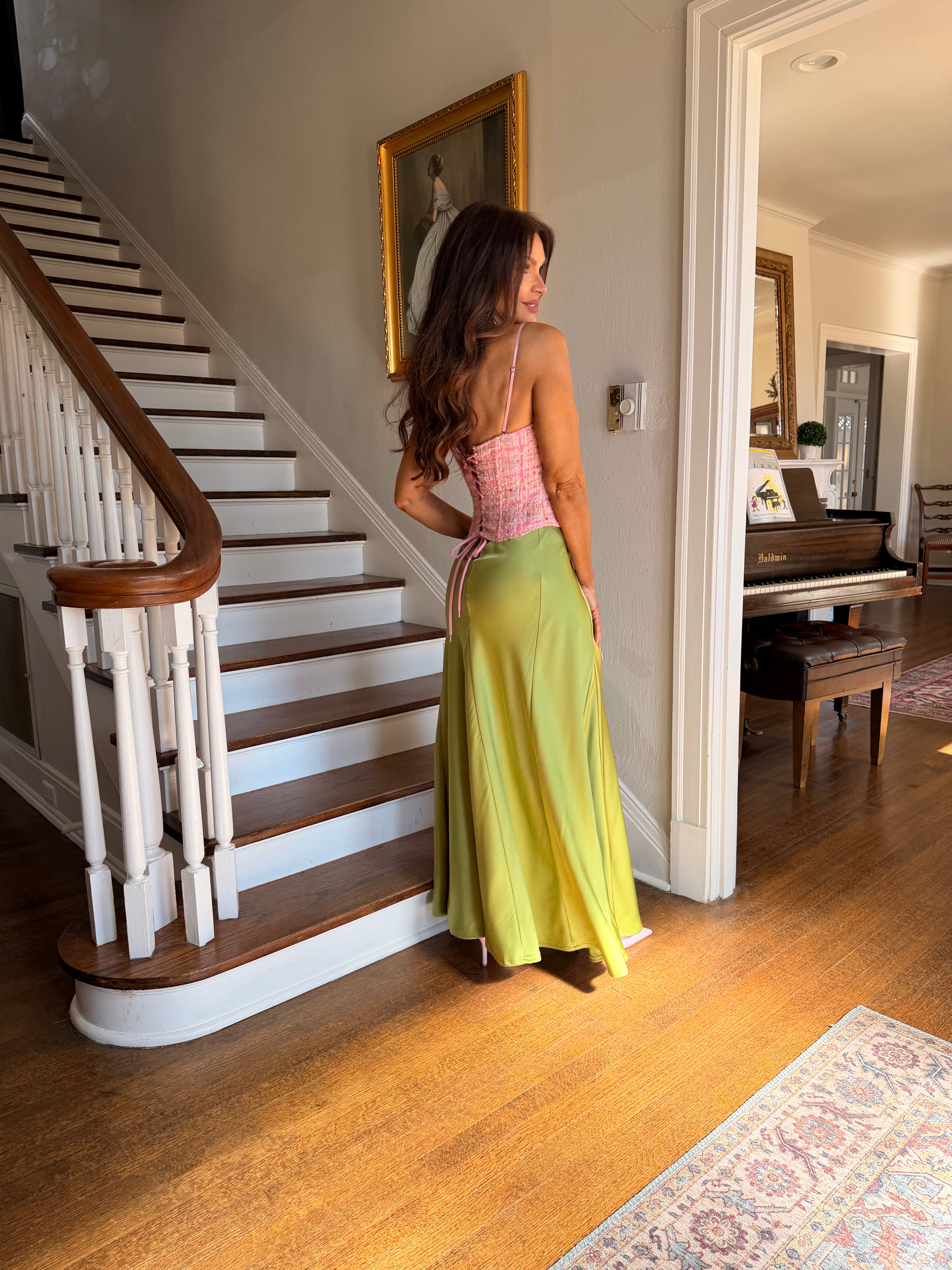 Quinn Light Olive Flared Mermaid Satin Midi Skirt