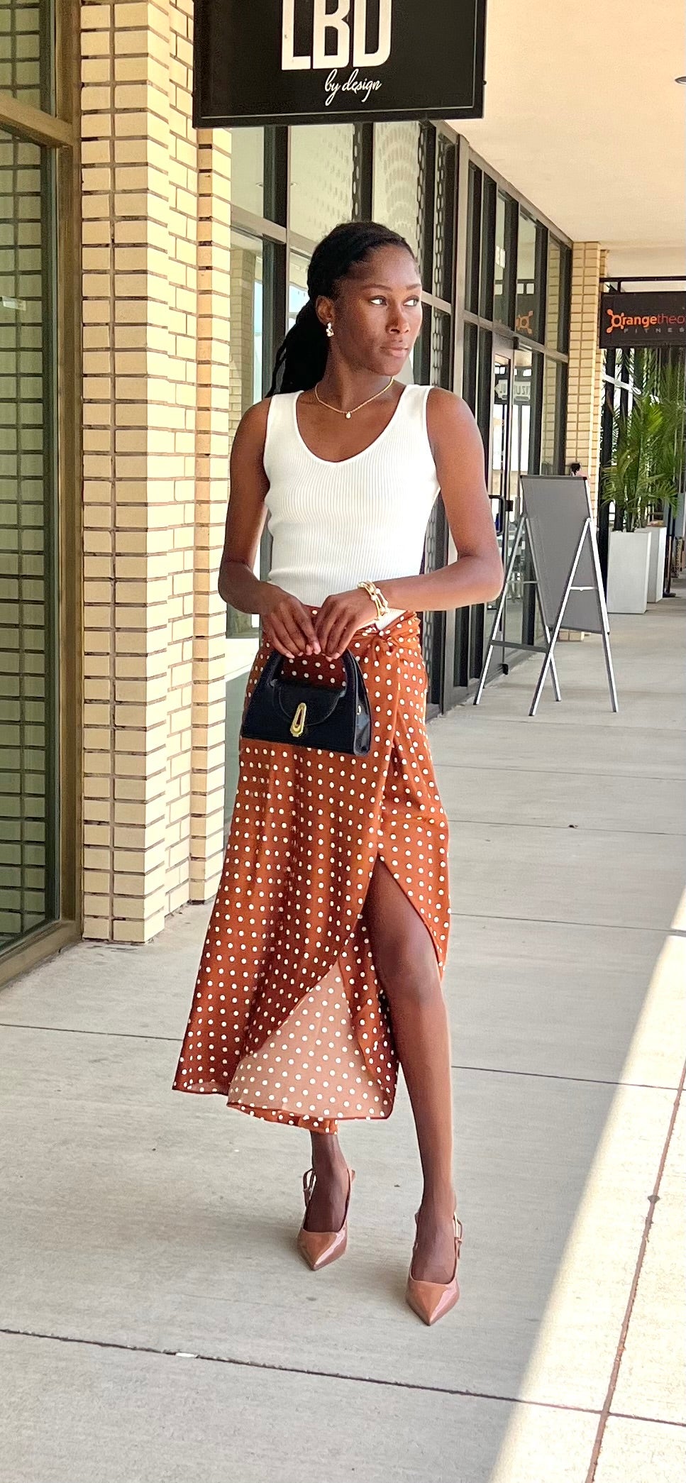 Coffee mocha polka dot midi skirt