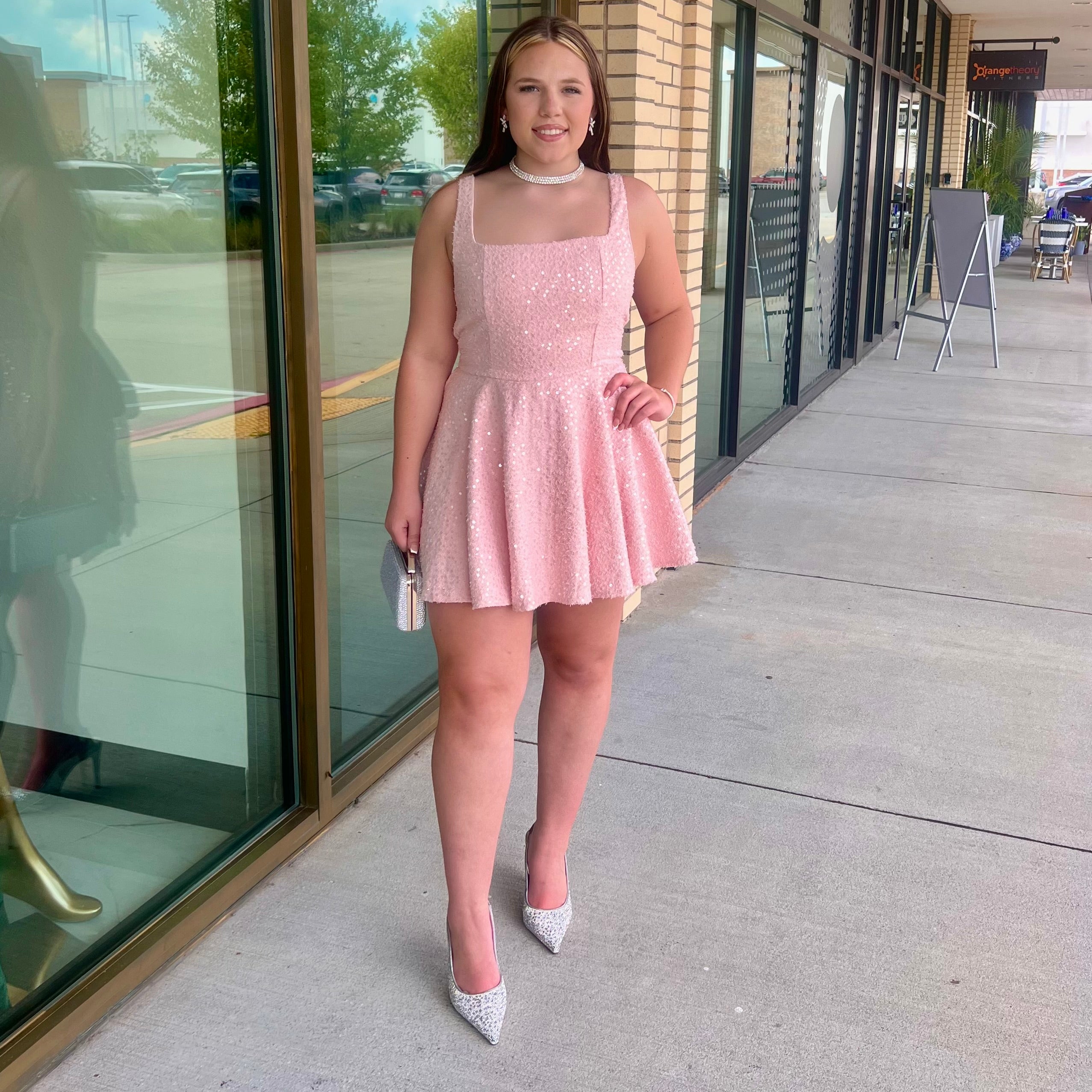 Poe pink sparkly bow back flare mini dress