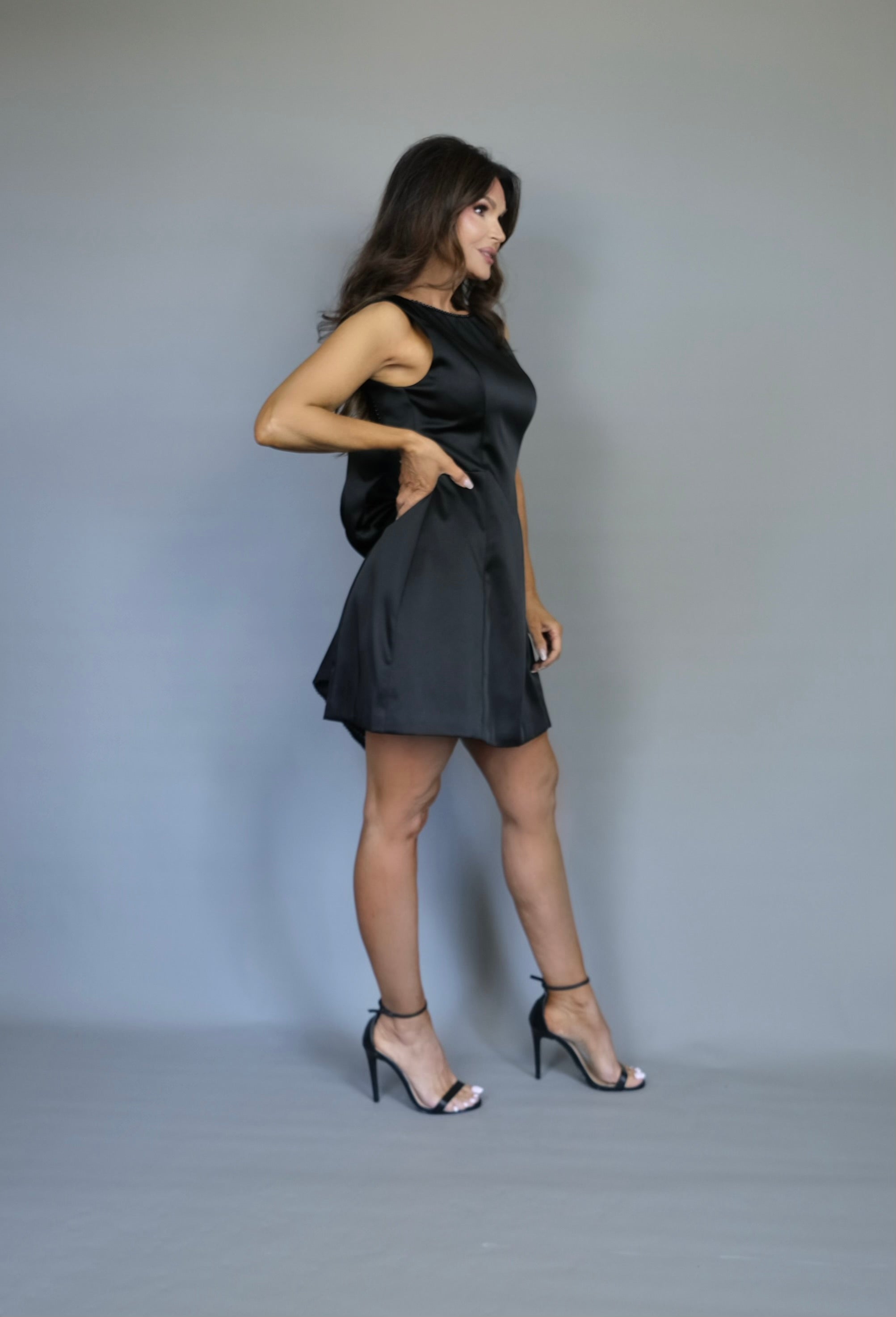 Josie black boat neck pearl trimmed bow mini dress