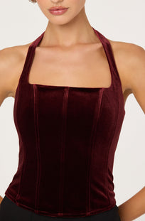 Jacy Wine Velvet Halter Corset Boning Top