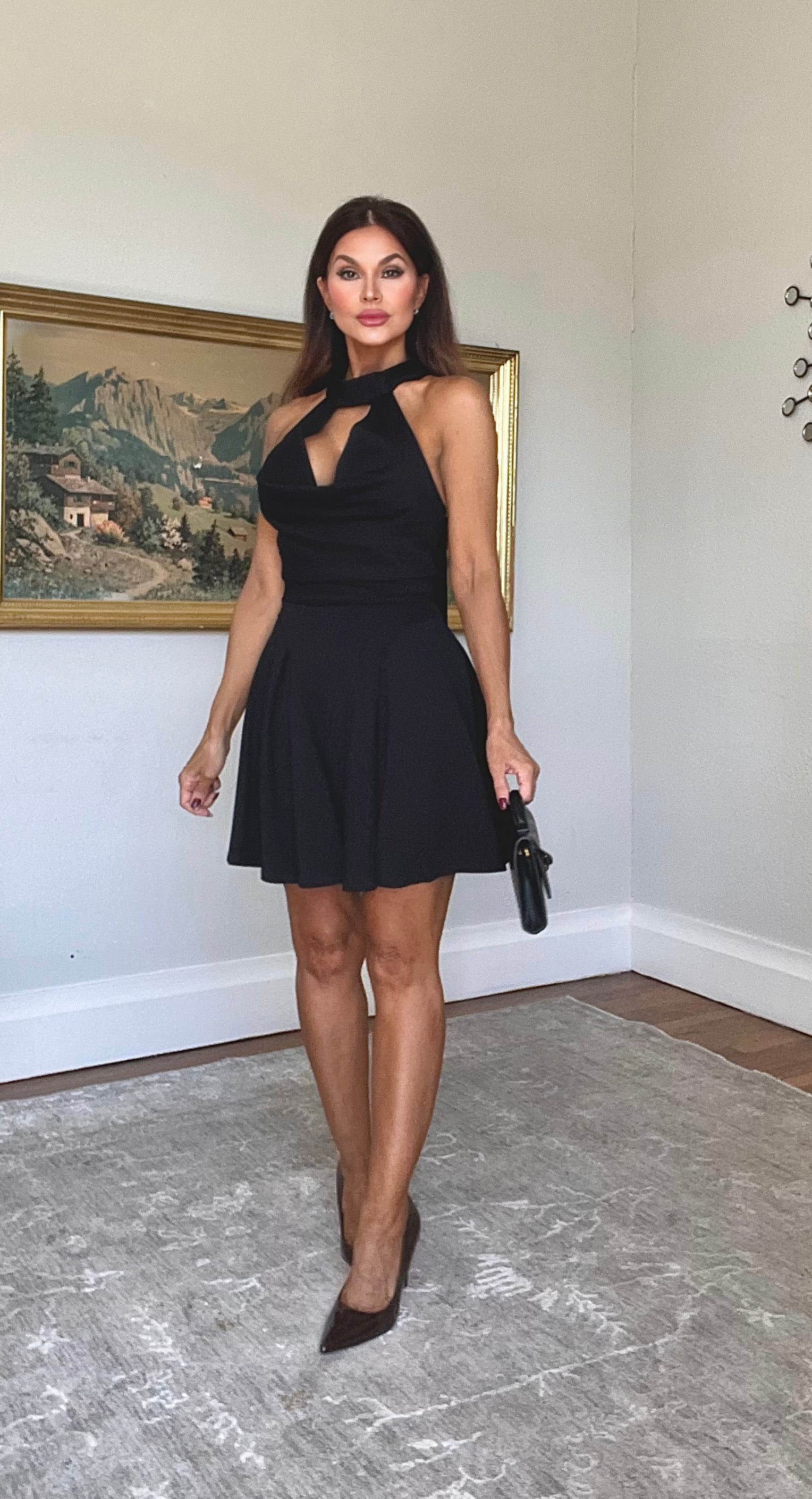 Kendra Black Drape Neck Pleated A Line Mini Dress