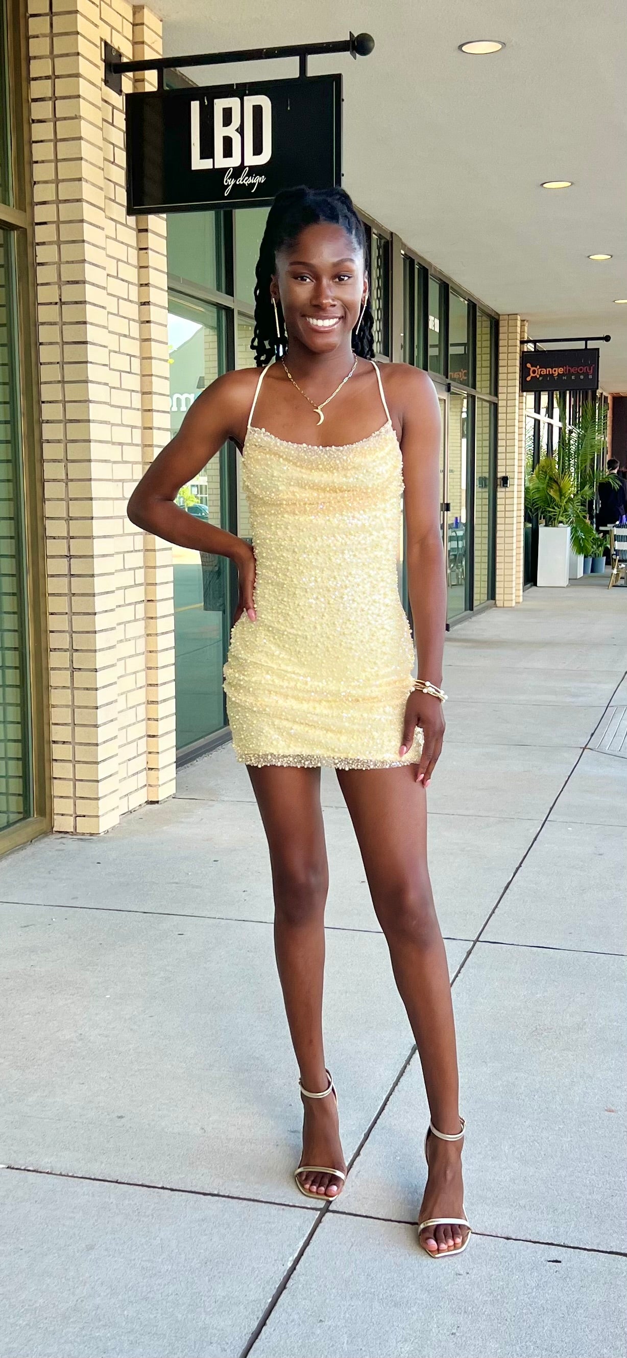 Kenna yellow halter strap mesh beaded mini